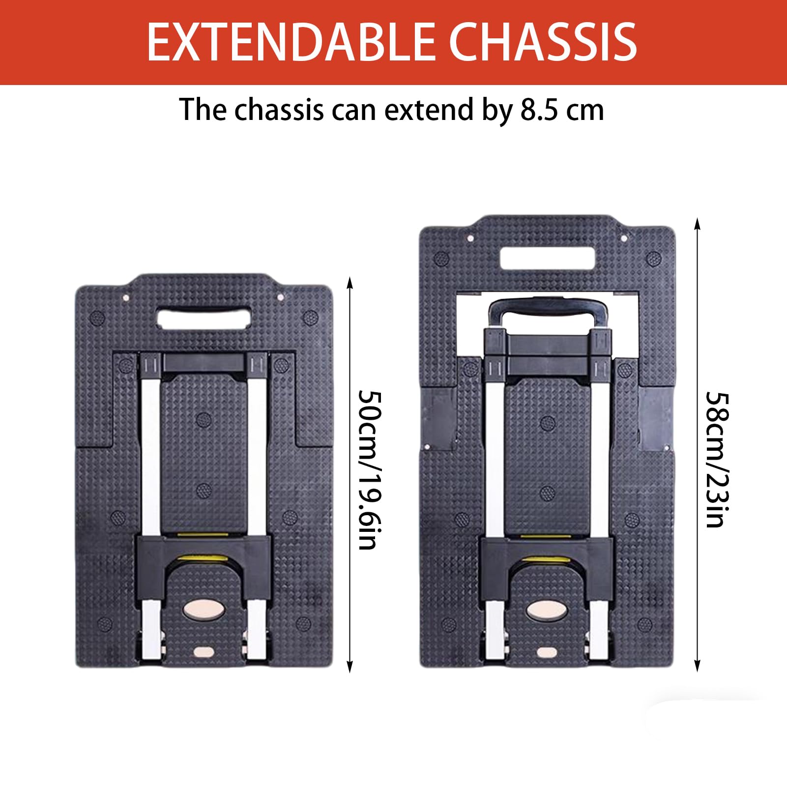 Carretilla De Carga con 7 Ruedas, Carro De Mano Plegable De Aluminio y 360° con Frenos - Transpaleta Manual Compacta Y Chasis Ajustable para Uso Industrial, Almacenes Y Logística (A-Negro)