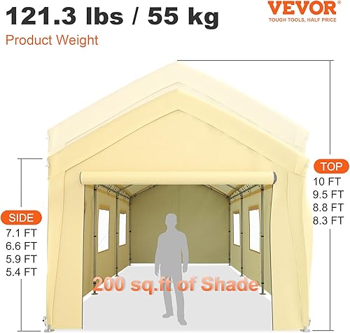 Miniatura 7 de Happybuy Cochera mejorada, toldo de coche de 10 x 20 pies, refugio de garaje resistente con 8 patas, paredes laterales y ventanas extraíbles, tienda