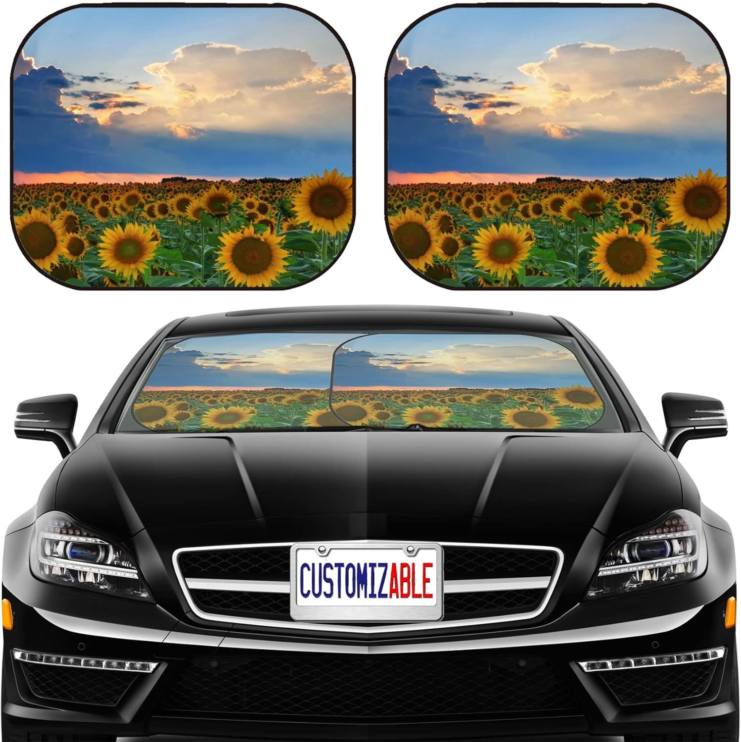 MSD Car Sun Shade Windshield Sunshade Universal Fit 2 Pack, Block Sun Glare, UV and Heat, Protect Car Interior, Image ID: 24565504 Sunflowers on The Sunset