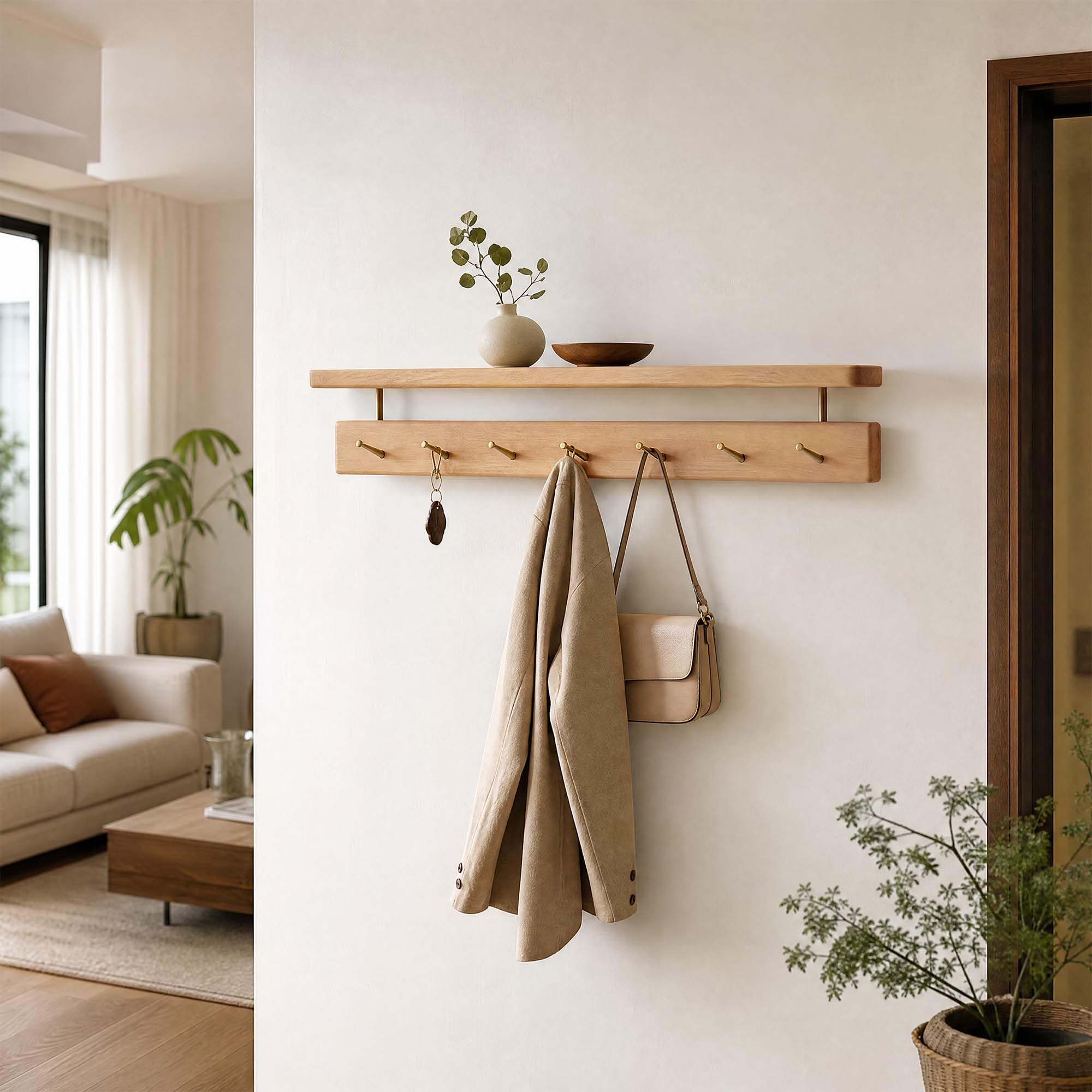YESWOOD Porte Manteau Mural en Hêtre Massif, 7 Crohets en Laiton, Porte Clé Mural avec Étagère, Patère Mural pour Vêtements, Chapeaux, Serviettes, Hêtre Naturel