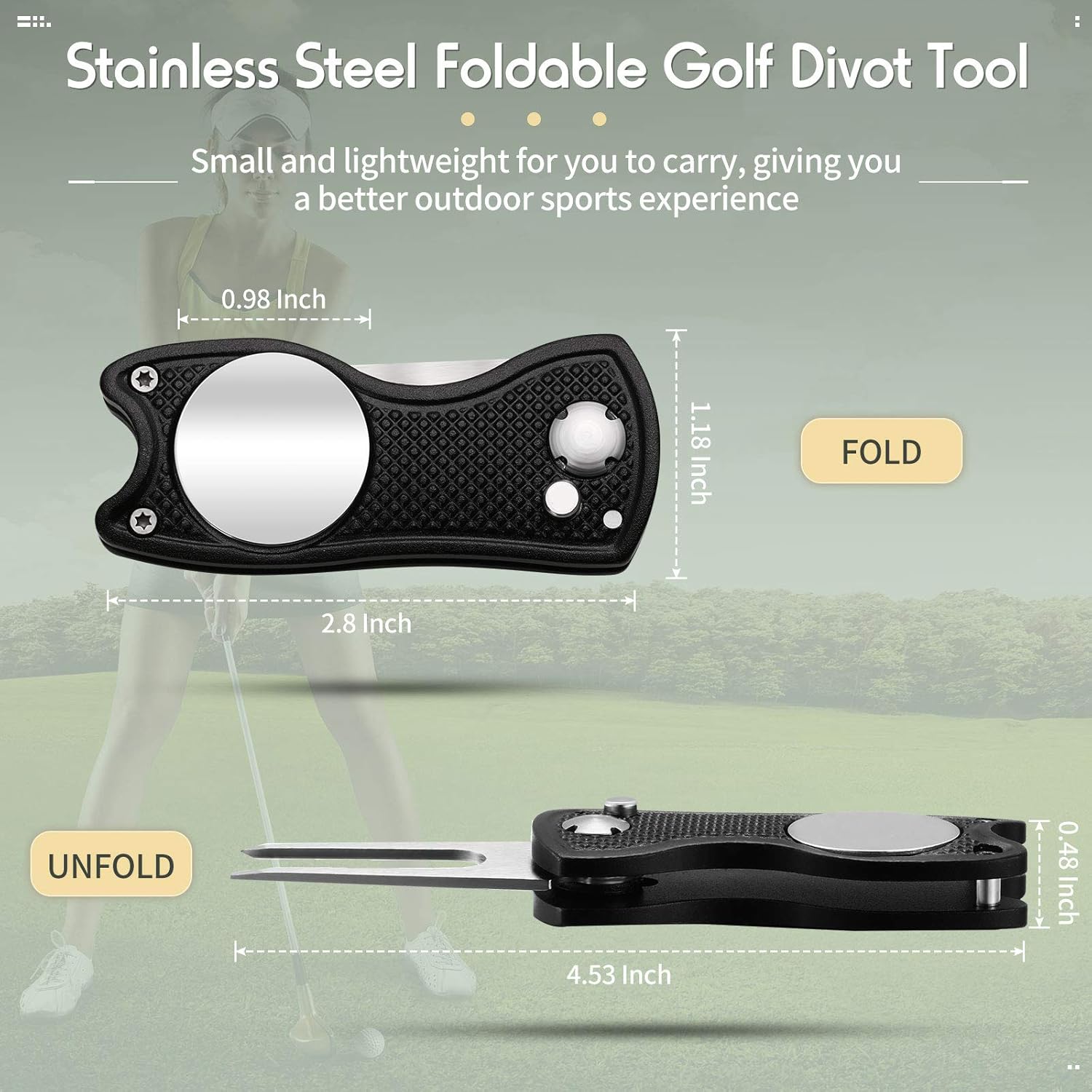 4 Pieces Golf Repair Tool Stainless Steel Foldable Golf Divot Tool Magnetic Golf Button Tool Golf Ball Marker (Red, Silver, Gray, Black)
