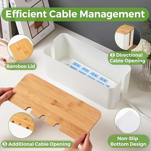 Miniatura 2 de Caja de organización de cables, caja organizadora de cables con tapa de bambú, organización de cables debajo del escritorio con 10 bridas y 2