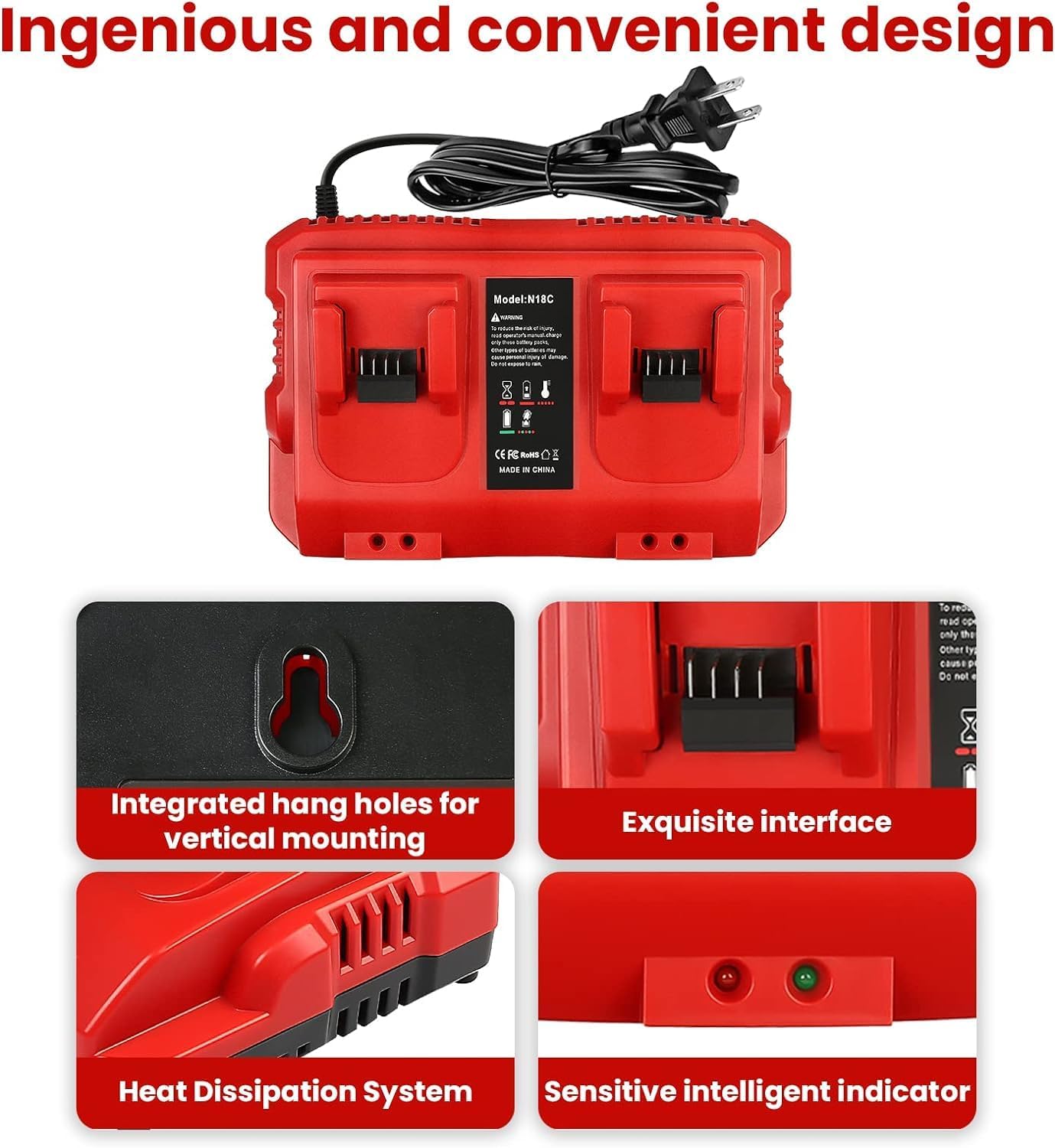 Fast Charger Replacement for Milwaukee M18 Battery Charger Station – Dual Slot Charging Base Compatible with 18V Lithium-Ion Batteries, 48-11-1830, 48-11-1850, 48-11-1860, Smart LED Indicator - Image 5
