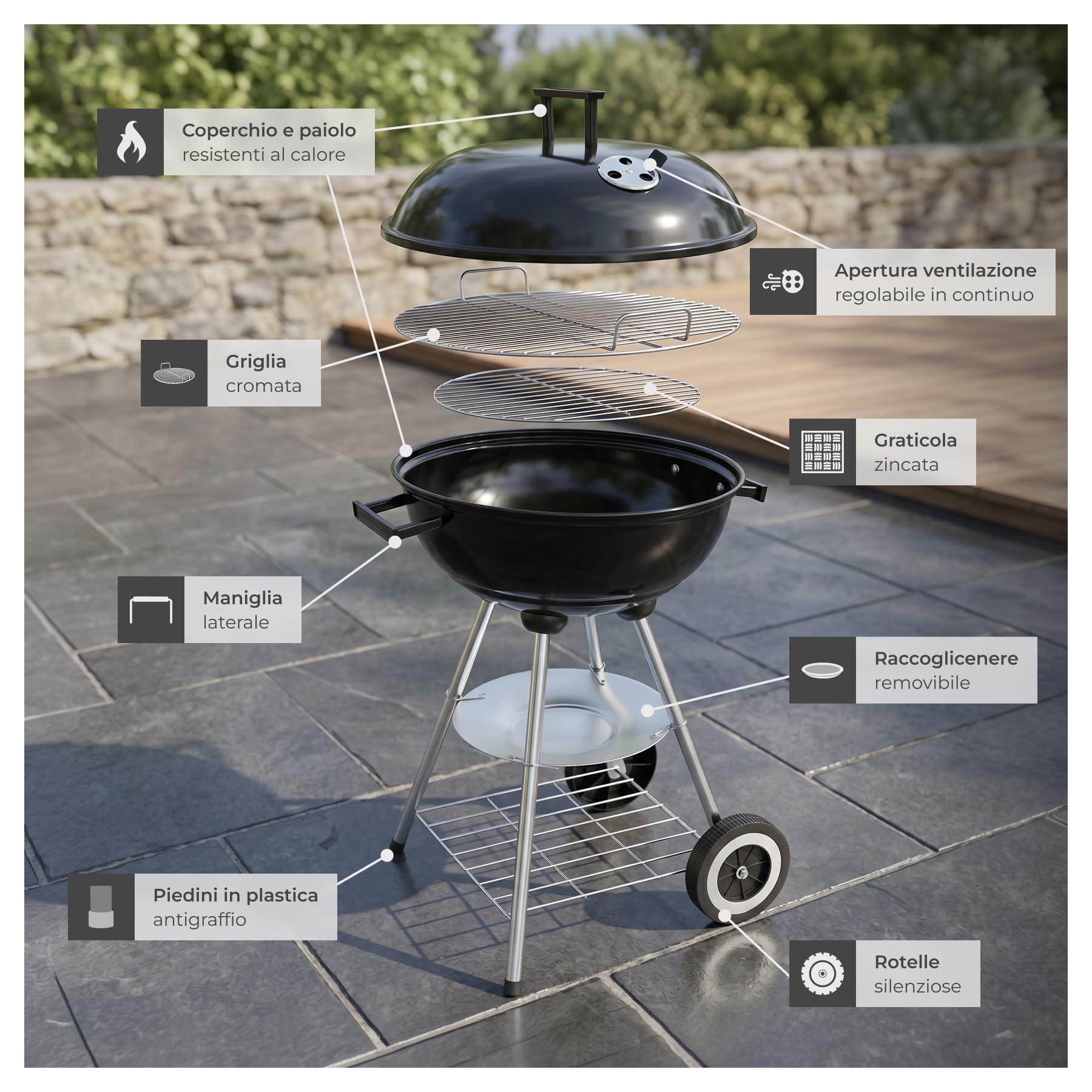 tectake®, Barbecue Carbonella a sfera con coperchio, Ø 41,5 cm, griglia barbecue portatile con ruote, bbq carbonella con raccoglicenere, barbeque da esterno, Ideale per Grigliate e Arrosticini
