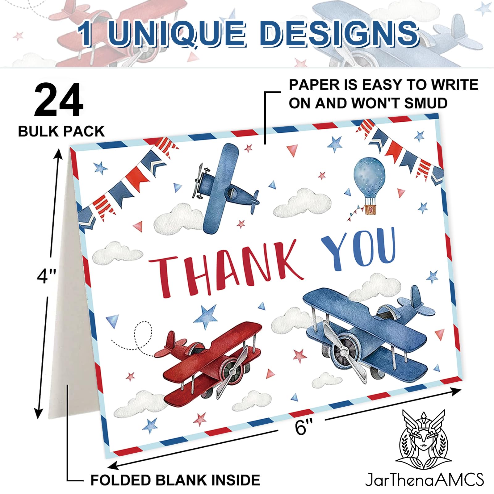 JarThenaAMCS Paquete de 24 tarjetas de agradecimiento de viaje en avión con sobres, calcomanías, tarjeta de notas en blanco para cumpleaños, baby shower, suministros de fiesta