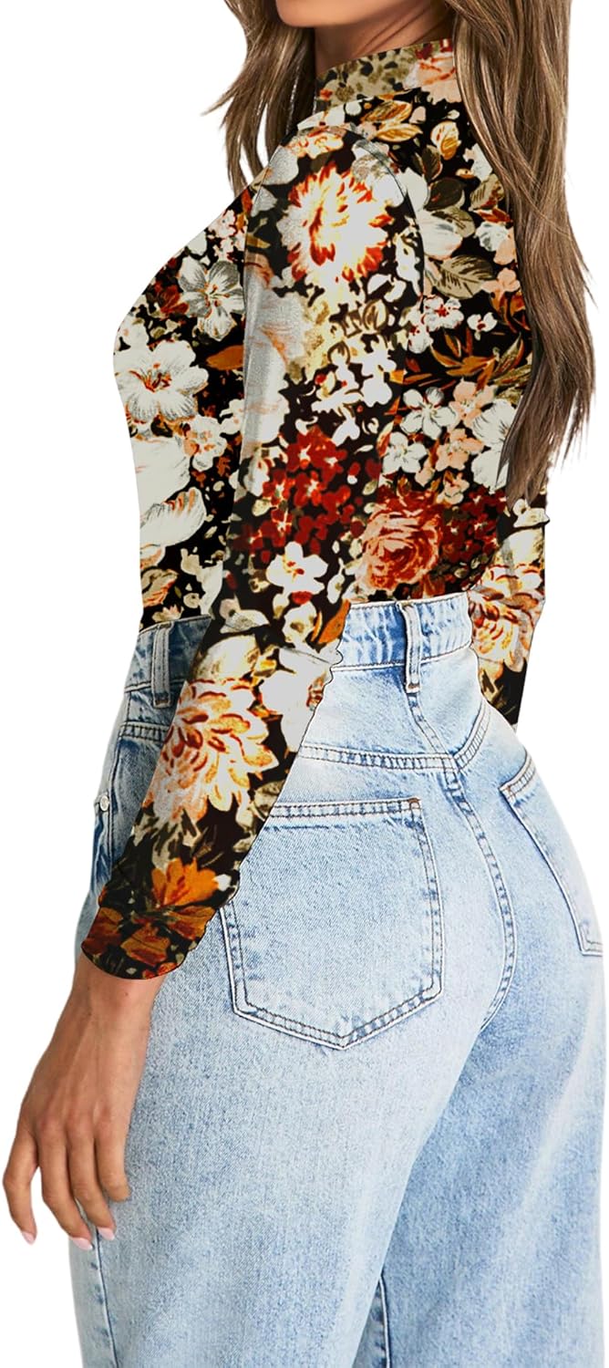 MAYFASEY Women's Floral Mesh Long Sleeve Top Mock Neck See Through Sheer Blouses Shirt Fitted Sexy Going Out Tops - Image 3