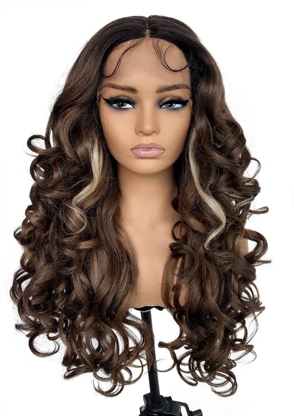 Skunk Strip Glueless Curly Lace Front Wig Pre Plucked with Babyhair Synthetic 24inch Long Big Curly Lace Frontal Wigs for Black Women 20% Human Hair Blend (Mocha Skunk Strip Wig )