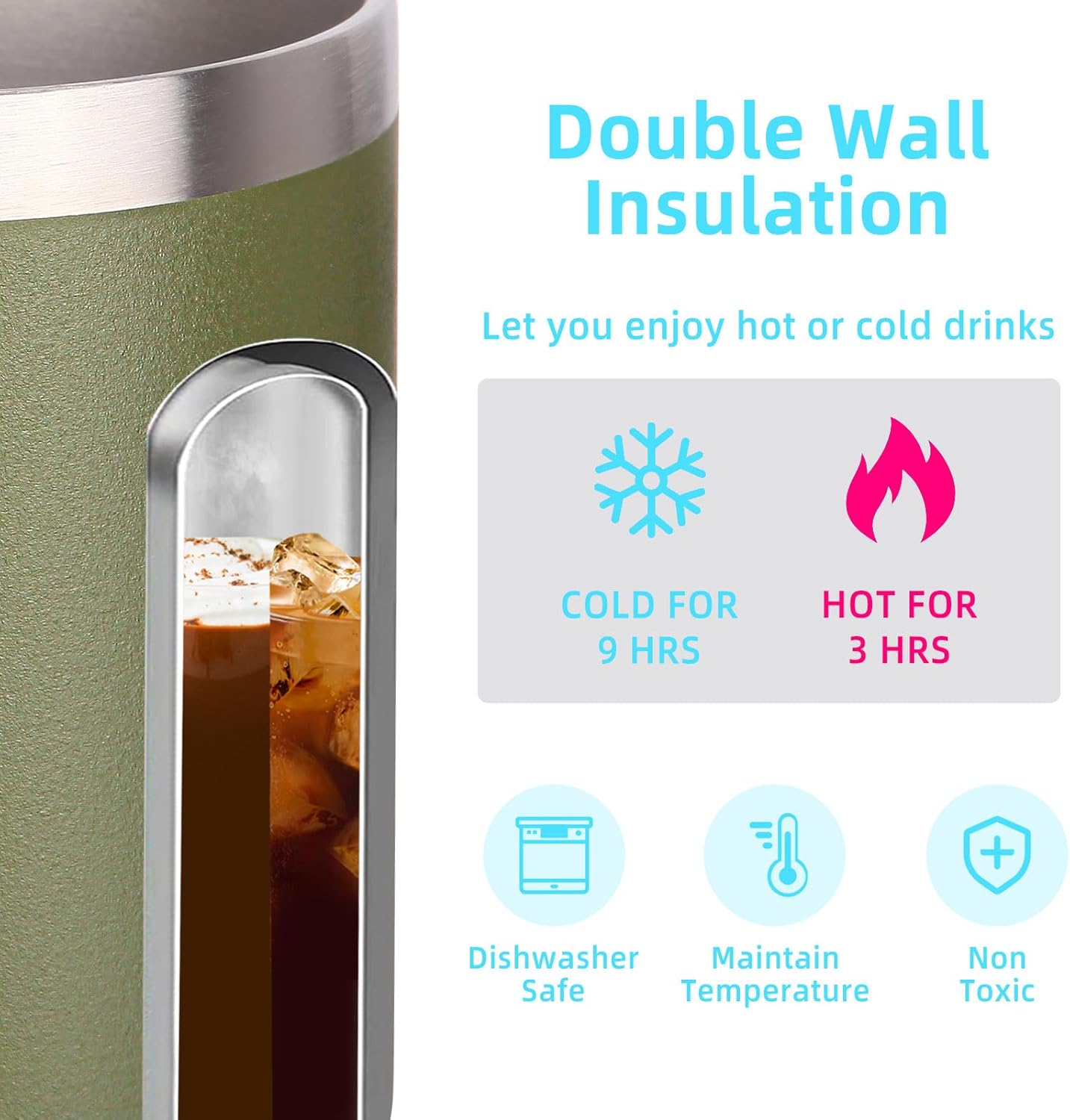 Volhoply 14oz Insulated Stainless Steel Coffee Mug with Leakproof Lid,Double Wall Vacuum Travel Coffee Cup with Handle,Reusable Cups Tumbler,Camping Mugs Keep Hot,Ideal Gifts(Army Green,1) - Image 3