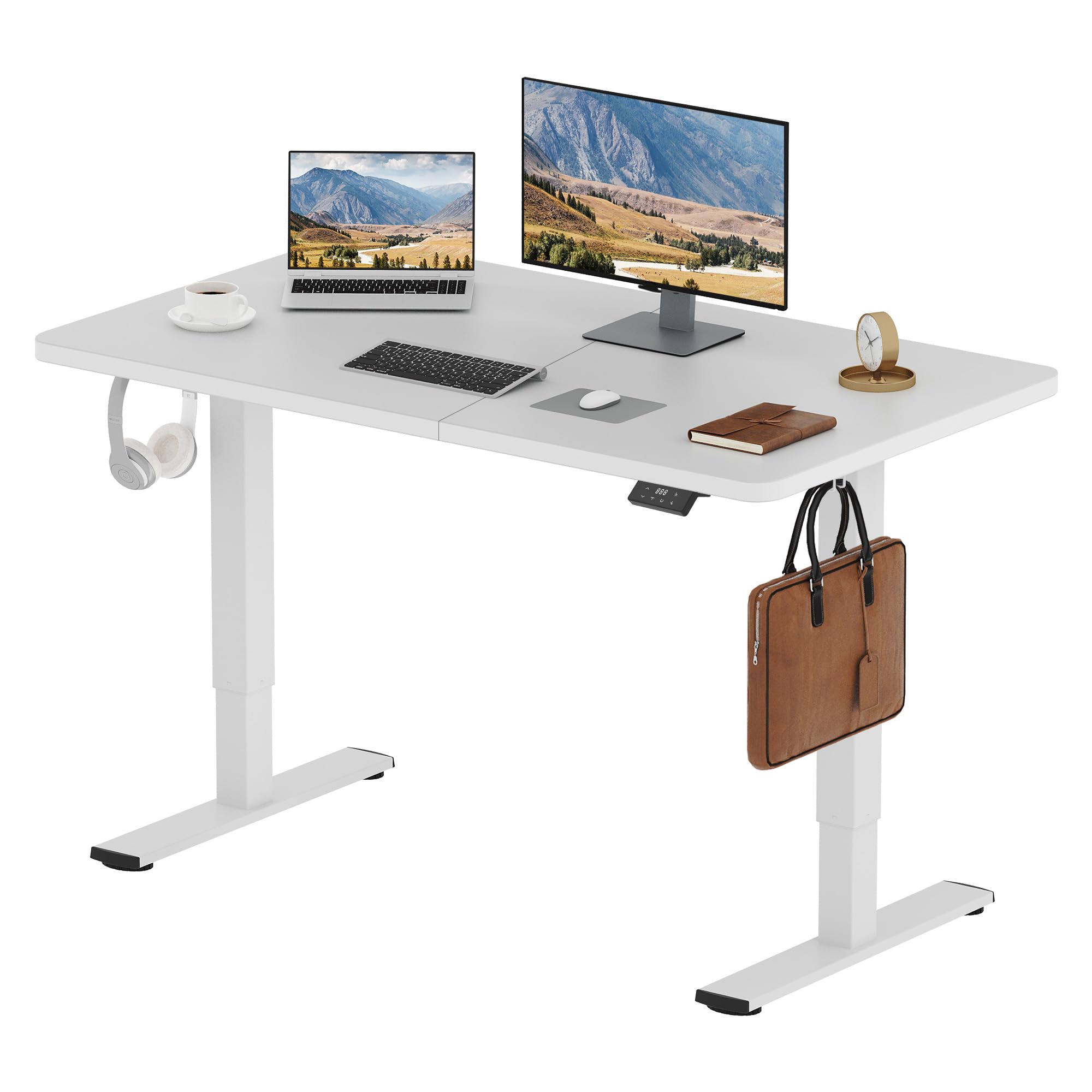 SANODESK Escritorio Elevable Eléctrico 140x60cm con Tablero(con Gancho/Portabotellas), Standing Desk, Escritorio Ajustable en Altura con Tablero, Función de Memoria, para Trabajo/Hogar(Blanco)