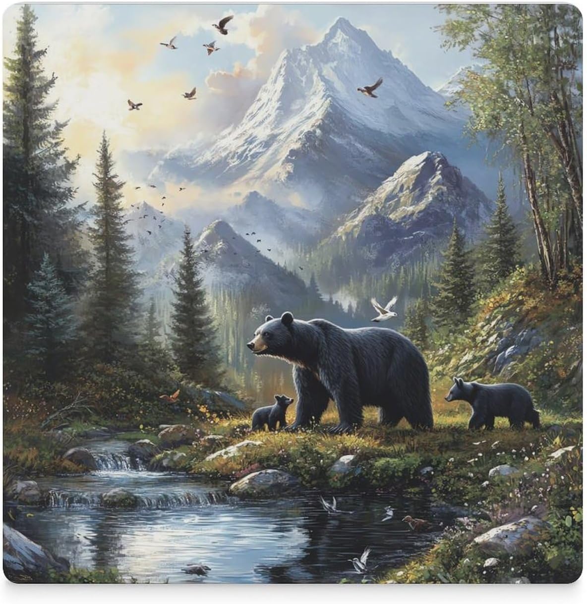 Rustic Bear Family Forests Ceramic Coasters Set Square Drink Coasters Table Coaster for Kitchen Desktop Decor