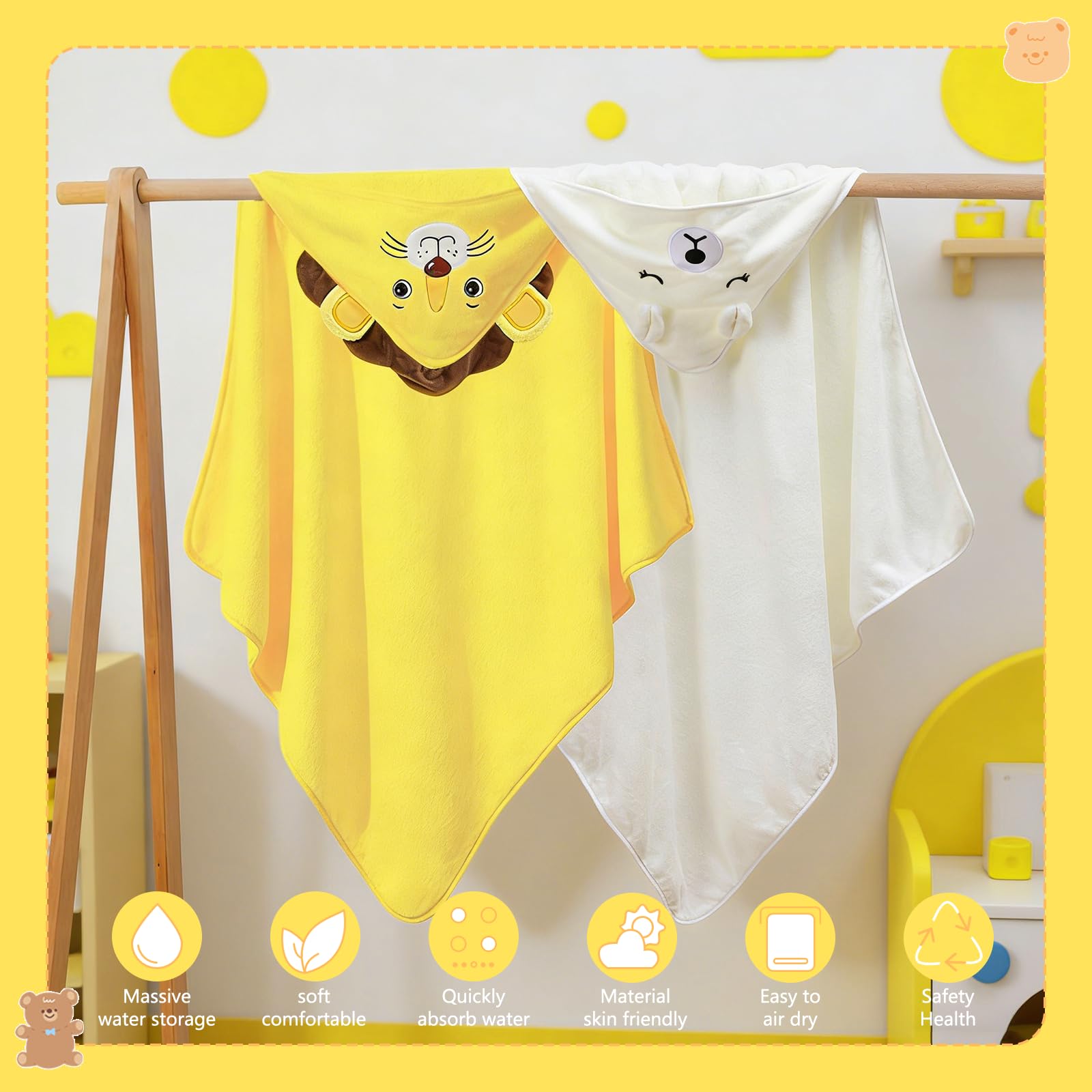 2 toallas de bebé con capucha, 80 x 80 cm, toalla con capucha para bebés, bonita forma de animal, oso blanco y león amarillo, para baño de bebé, unisex