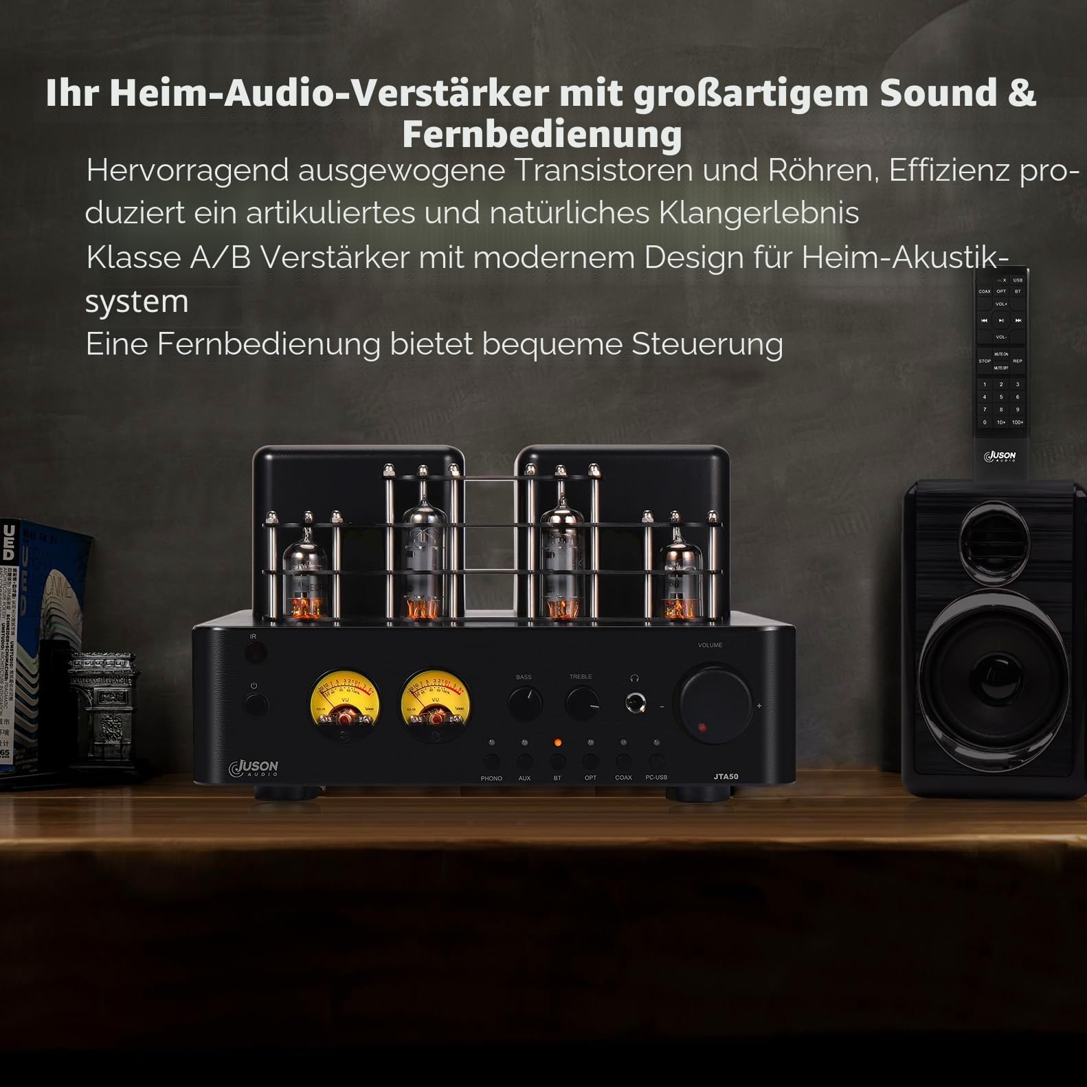 Juson Audio JTA50 50W x 2 Röhrenverstärker | Class AB HiFi Verstärker mit BT 5.0 | Phono Vorverstärker | AUX, Koax, USB & Subwoofer-Ausgang