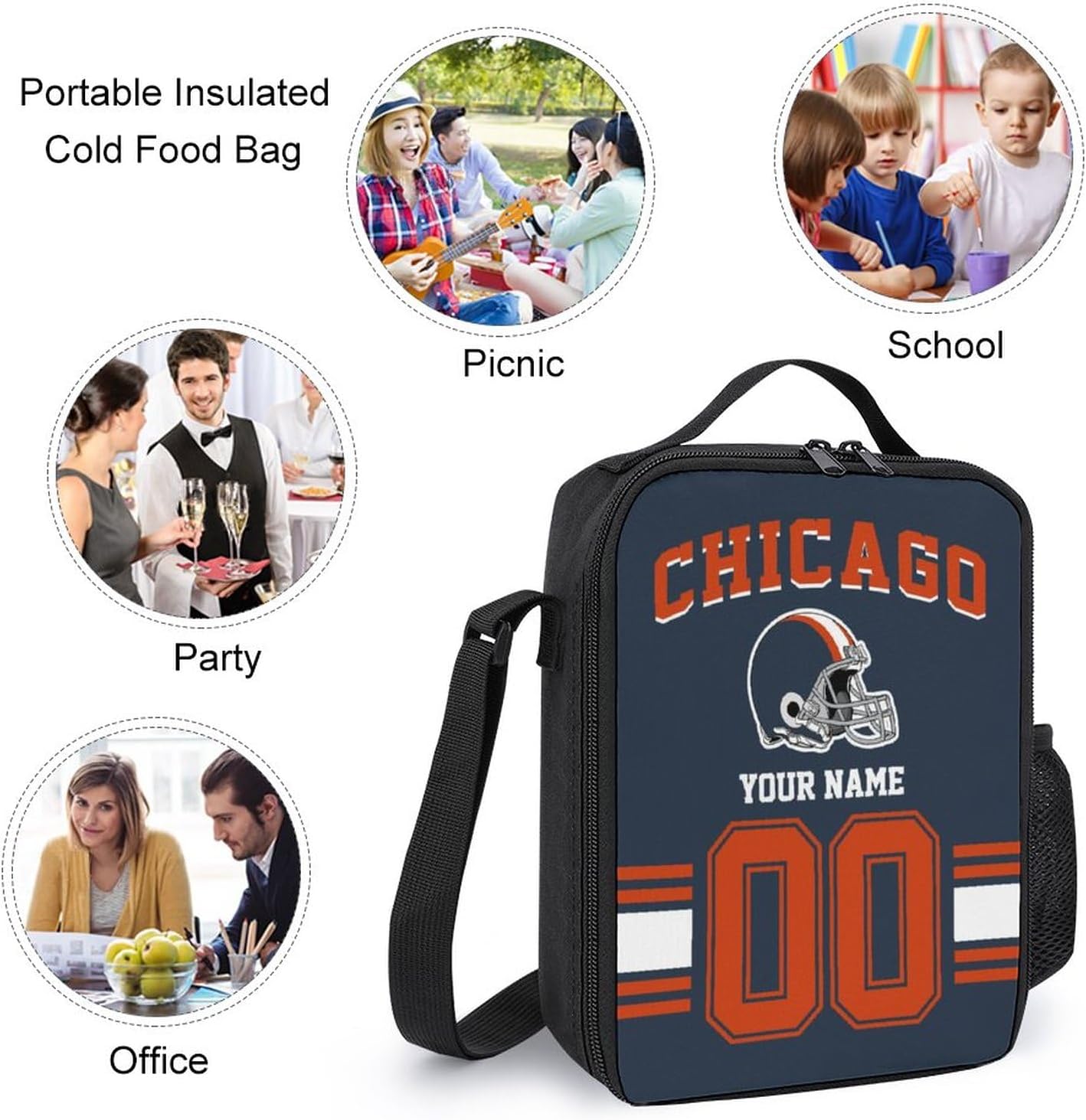 Custom Chicago Backpack with Lunch Bag Pencil Case, Personalized Name and Number Backpacks Pencil Box Lunch Bags, Customize 3pcs Set Gifts for Men Women Fans