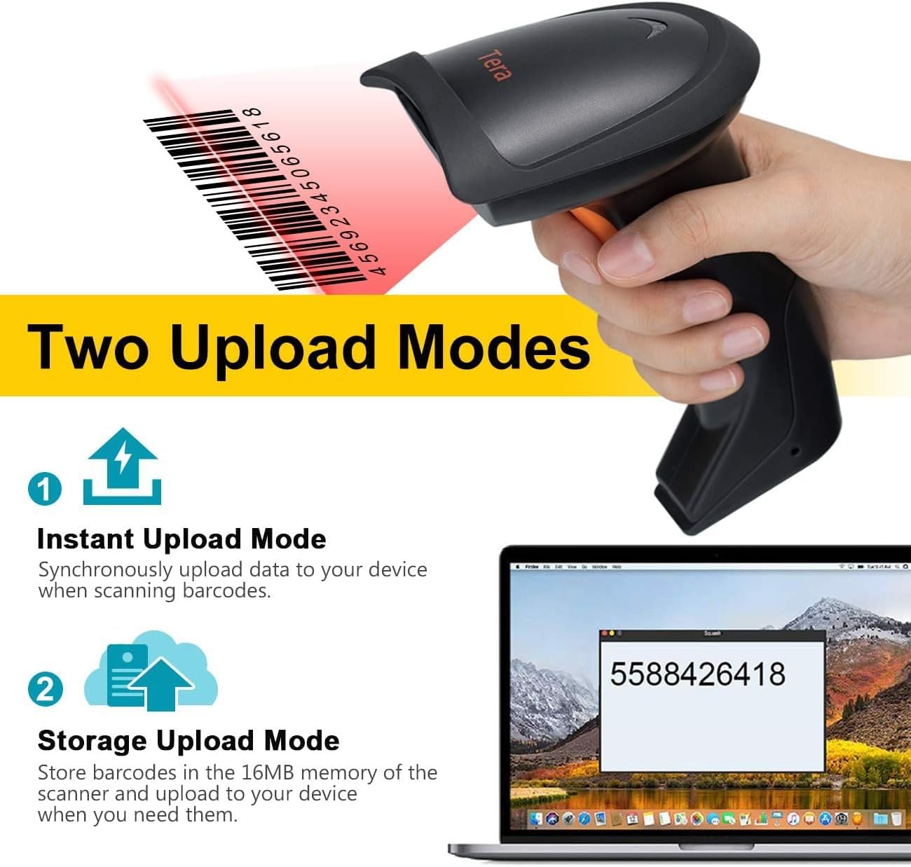 Diagram illustrating Instant Upload Mode and Storage Upload Mode for the Tera HW0004 Barcode Scanner