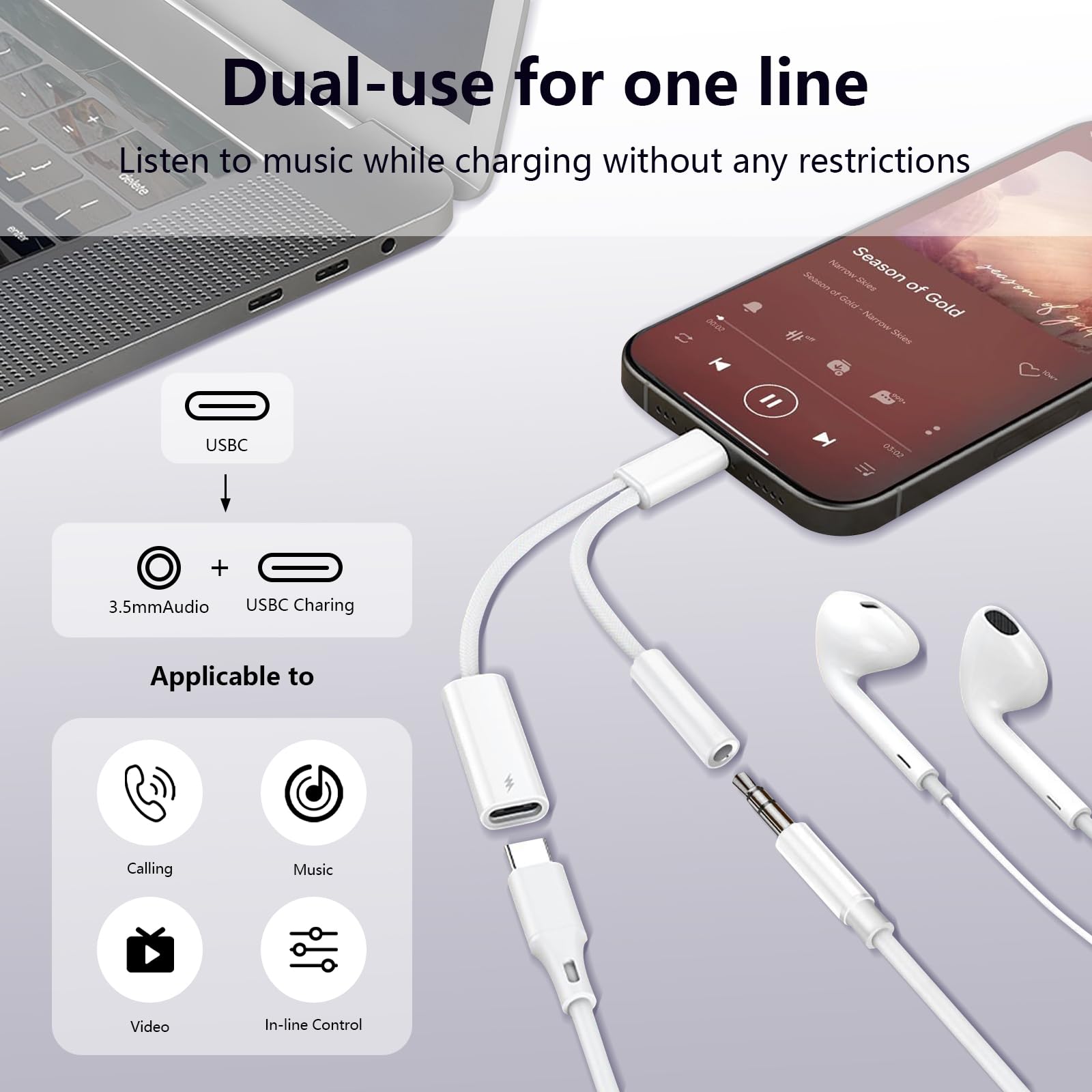 USB C auf 3,5 mm Kopfhörer- und Ladeadapter, 2-in-1 USB Typ C auf AUX-Klinken-Dongle-Kabel mit PD 60 W Schnellladung für iPhone 15, 16, 17 Pro Max Air, Galaxy S23, S24, S25 Ultra, Note 20, iPad Pro (1