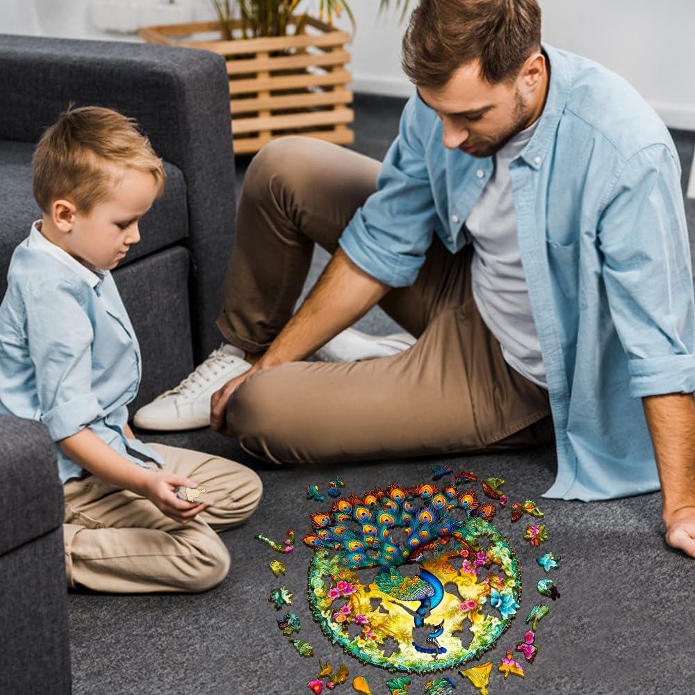 WOODBESTS Wooden Jigsaw Puzzle for Adults, Mandala Peacock Puzzle (L, 290pcs, 13.7"x12.8") Beautiful Wooden Box, Puzzle Wood Unique Shape, Birthday Gifts for Adults and Kids Family Game