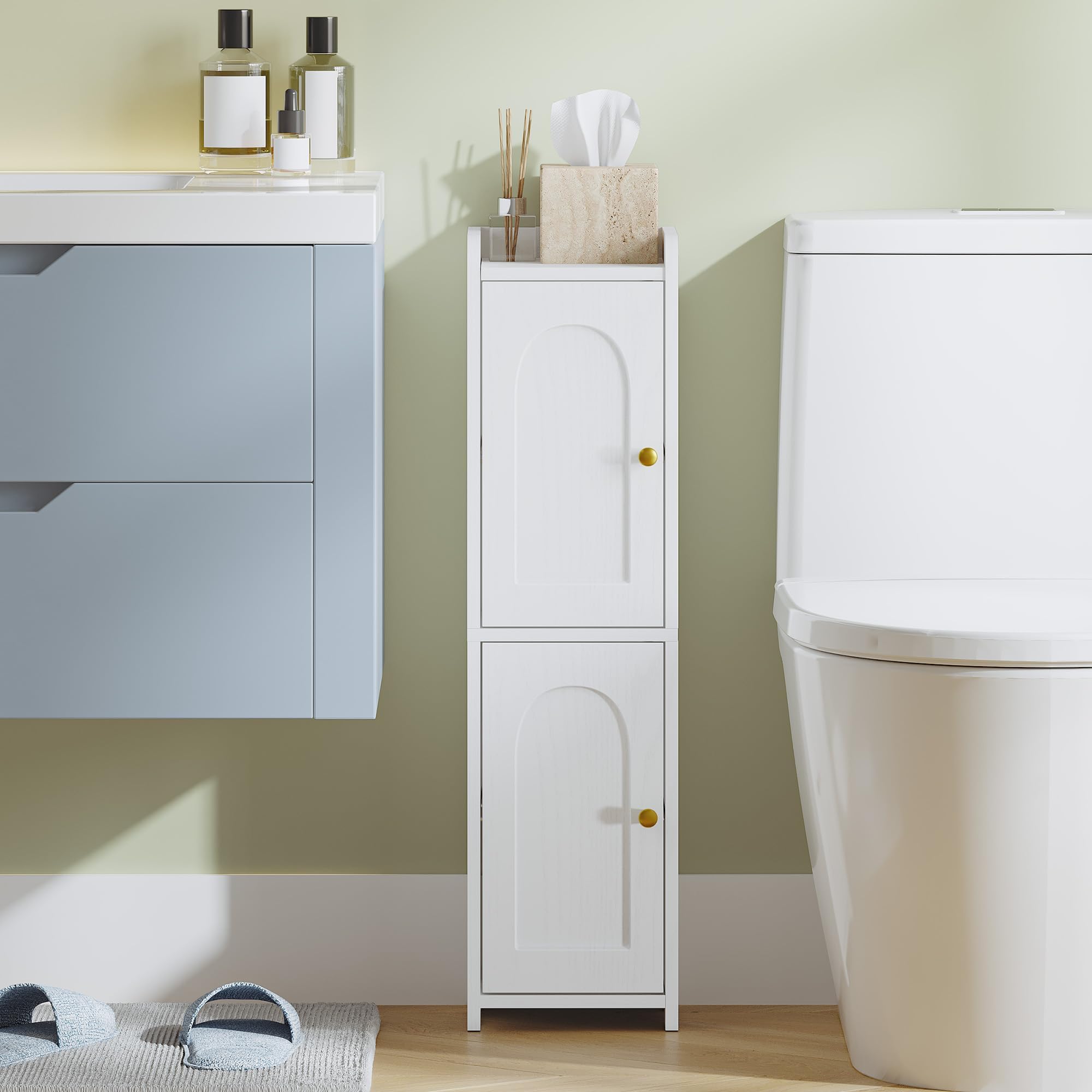 Hzuaneri Bathroom Storage Cabinet, Corner Floor Cabinet with 2 Doors and Adjustable Shelf, Narrow Toilet Paper Cabinets, Bathroom Organizer for Small Spaces, White BC49913X