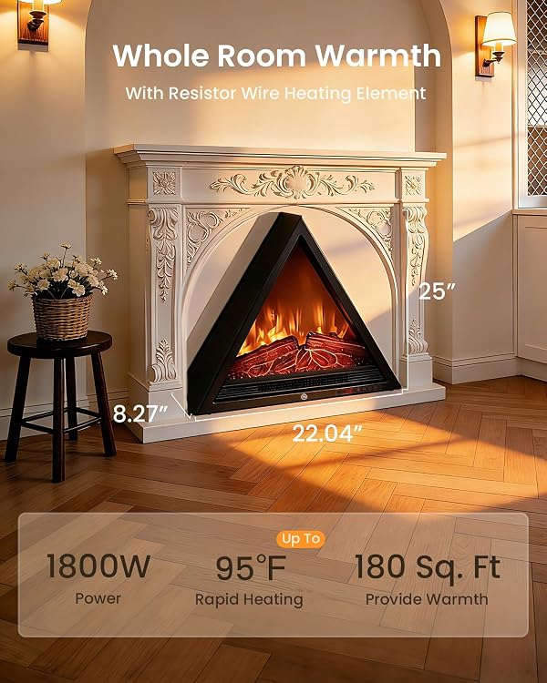 AIRMATE 22in Electric Fireplace Heater, 1500W Triangular Electric Fireplace Insert Logs 24H Timer, Adjustable LED Light & Flame Colors Remote Overheat Protection Fire Places Fireplace by AIRMATE - Image 2