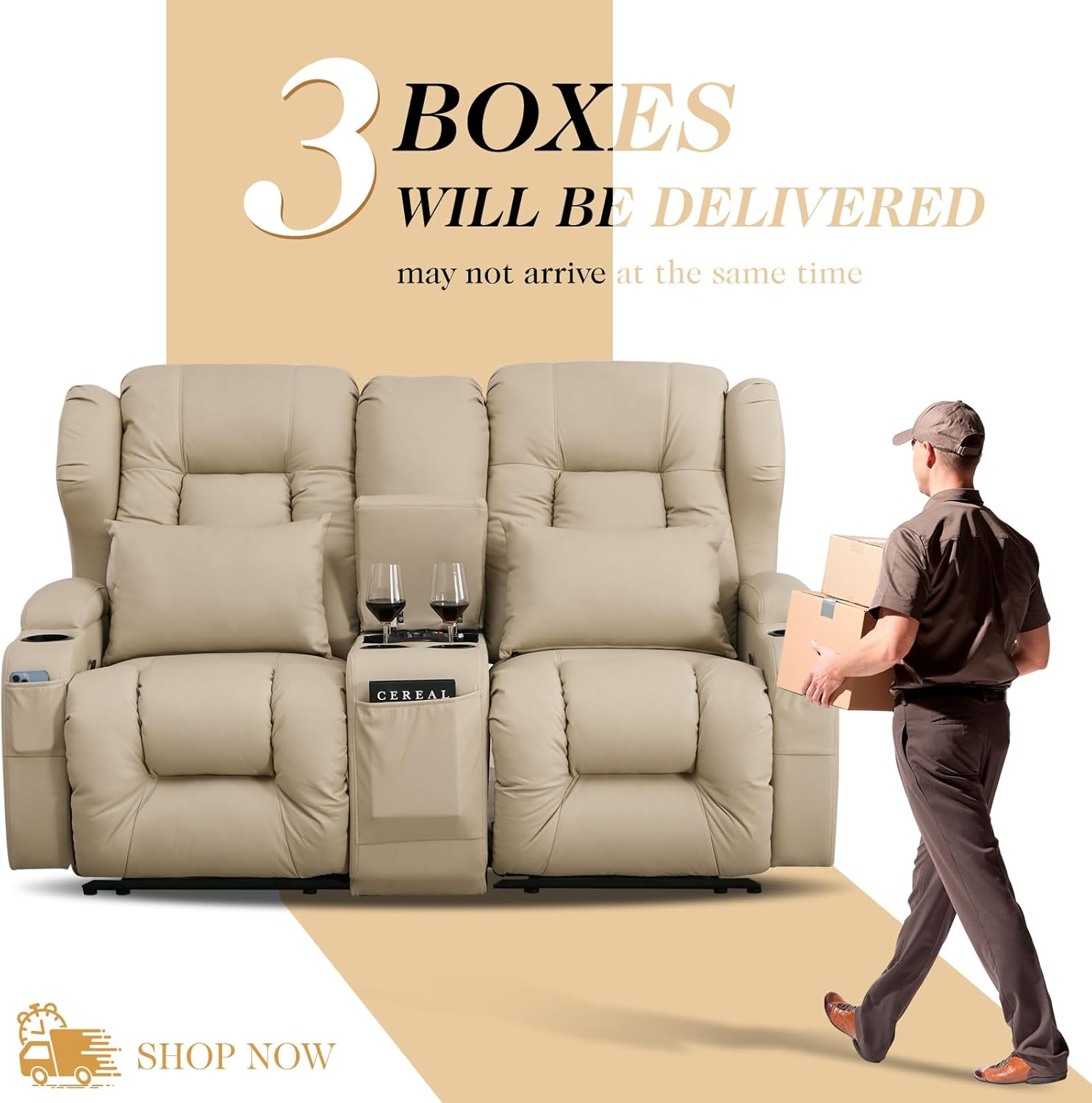 Loveseat Recliner Sofa,RV Wall Hugger Recliners for Small Spaces,Reclining Loveseat Sofa Recliner with Cup Holders/Lumbar Pillows,RV Furniture (Beige, Loveseat with Console)