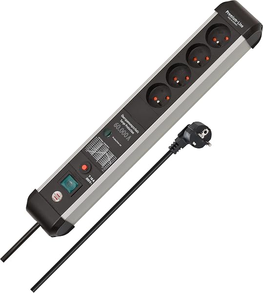 Brennenstuhl Premium-Protect-Line listwa zasilajaca 4-gniazda z ochrona przepieciowa 60.000 A (kabel 3m, z wylacznikiem, Made in Germany) srebrno/czarna