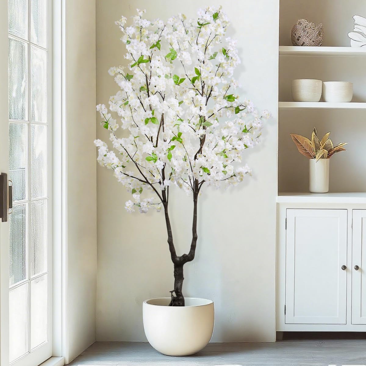 BINCUE Artificial White Cherry Blossom Tree Fake Tree Cherry Blossom Decor Fake Flowers Faux Flowering Tree White Flowers Floral for Indoor Outdoor Room Home Spring Gift 6FT