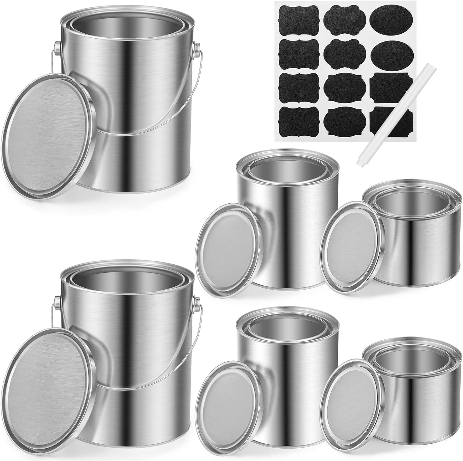 Honeydak 6 Pcs Metal Paint Cans with Lids with 12 Pcs Labels and White Marker Pen Reusable Oil Storage Containers Empty Unlined Paint Buckets for DIY Project Art Garage Organization(Multisize)