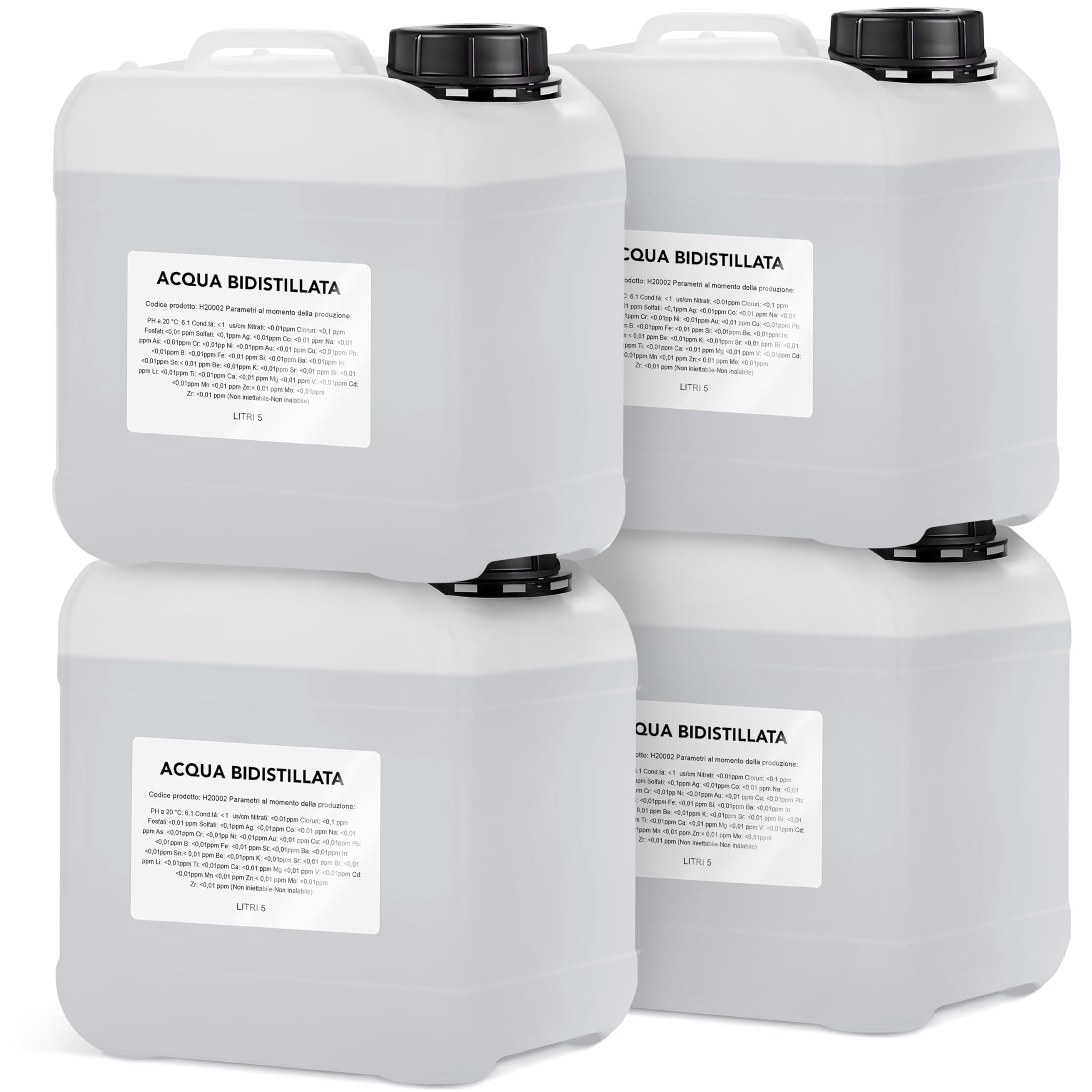 Acqua Bidistillata pura per uso clinico ed industriale 4x5 litri, Distillata due volte, Demineralizzata, Made in Italy