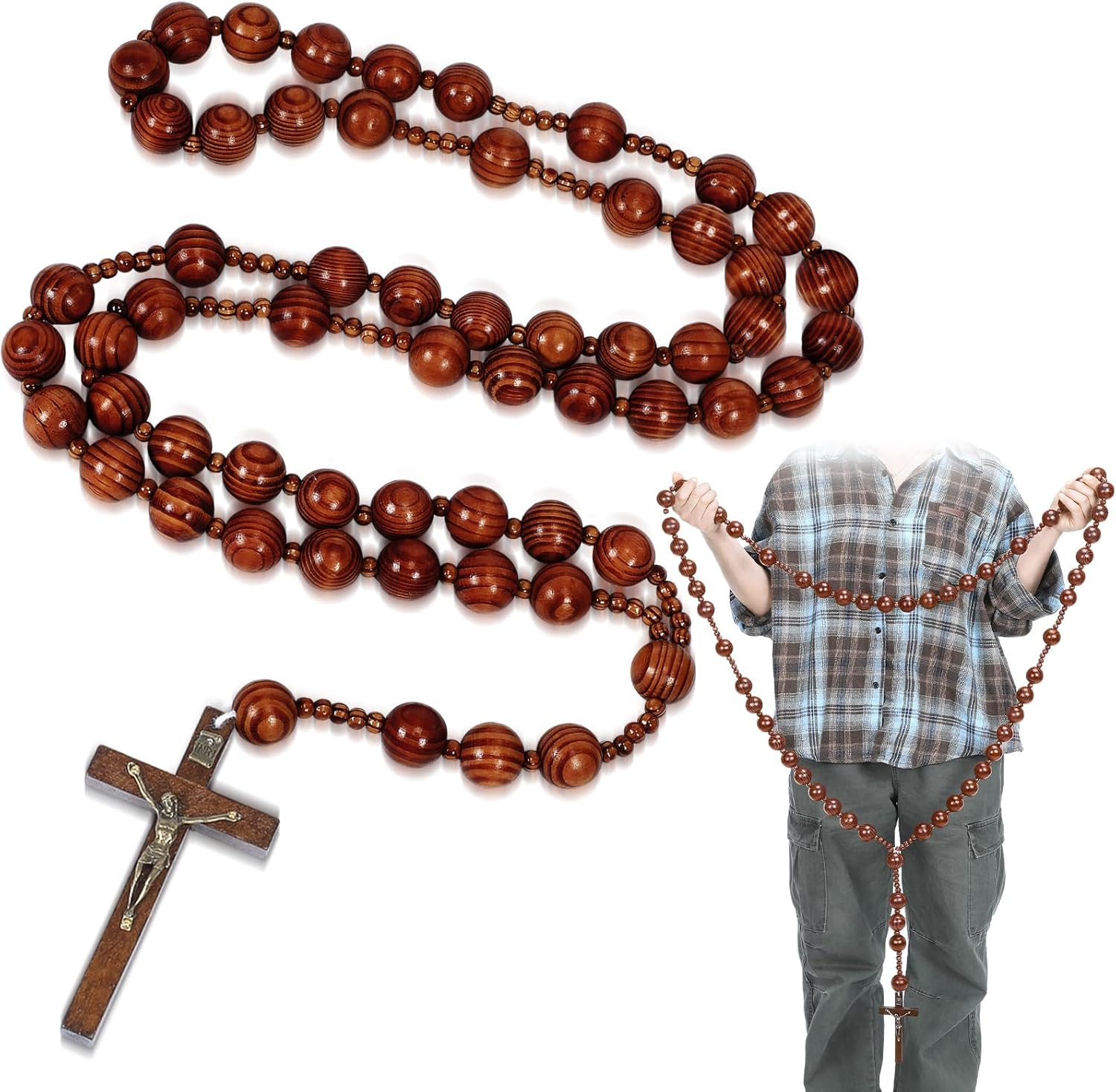 Bucherry 59 Inches Super Jumbo Holy Mix Beads Wall Display Solid Wood Rosary Catholic Holy Big Mix Beads Wall Rosario Natural Wood Chain Jesus Cross(Dark Brown)
