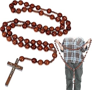 Bucherry 59 Inches Super Jumbo Holy Mix Beads Wall Display Solid Wood Rosary Catholic Holy Big Mix Beads Wall Rosario Natural Wood Chain Jesus Cross(Dark Brown)
