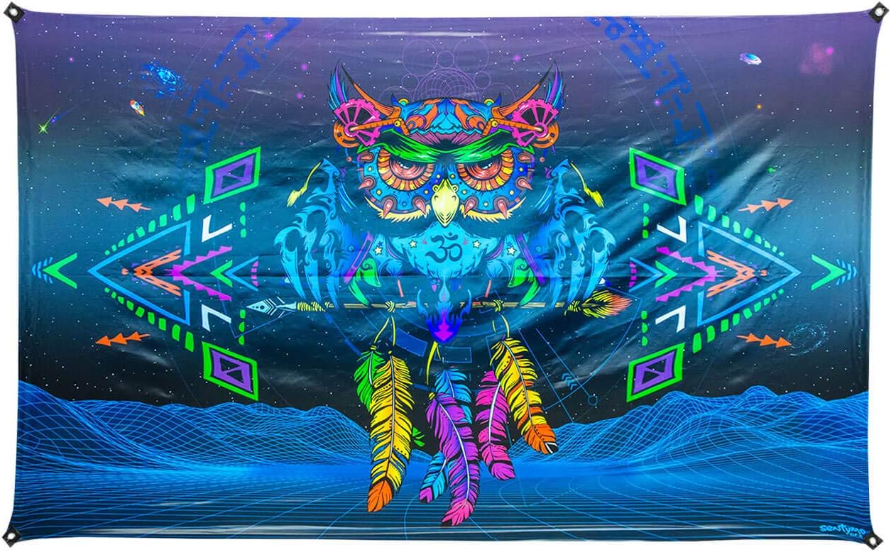 PSYWORK Black Light Mesh Banner Neon Sentymo Owl, 1.47 x 2.42 m
