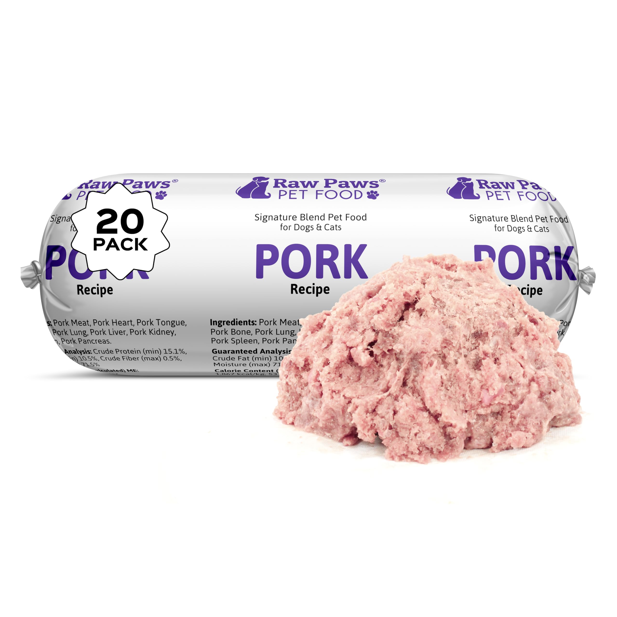 Raw Paws Signature Blend Pet Food for Dogs & Cats - Pork Recipe, 1-lb Rolls (20 Pack) - Fresh Raw Food Made in USA - Natural Dog Food Roll - Frozen Raw Pork Dog Food Log Diet