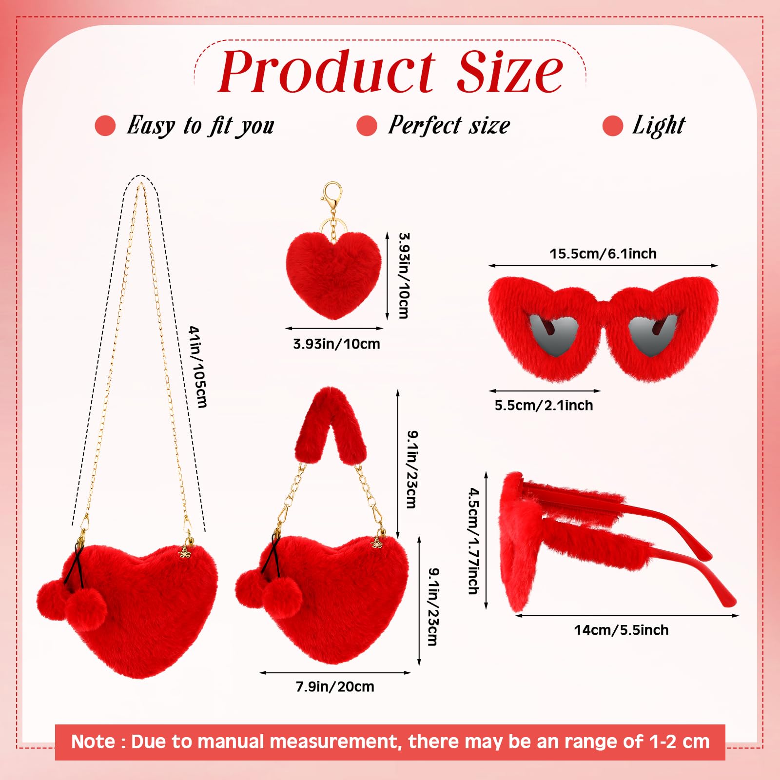 Abbylike 3 Pcs Furry Heart Shaped Gifts Fluffy Faux Fur Crossbody Chain Shoulder Bag for Women Valentine Gift(Red)