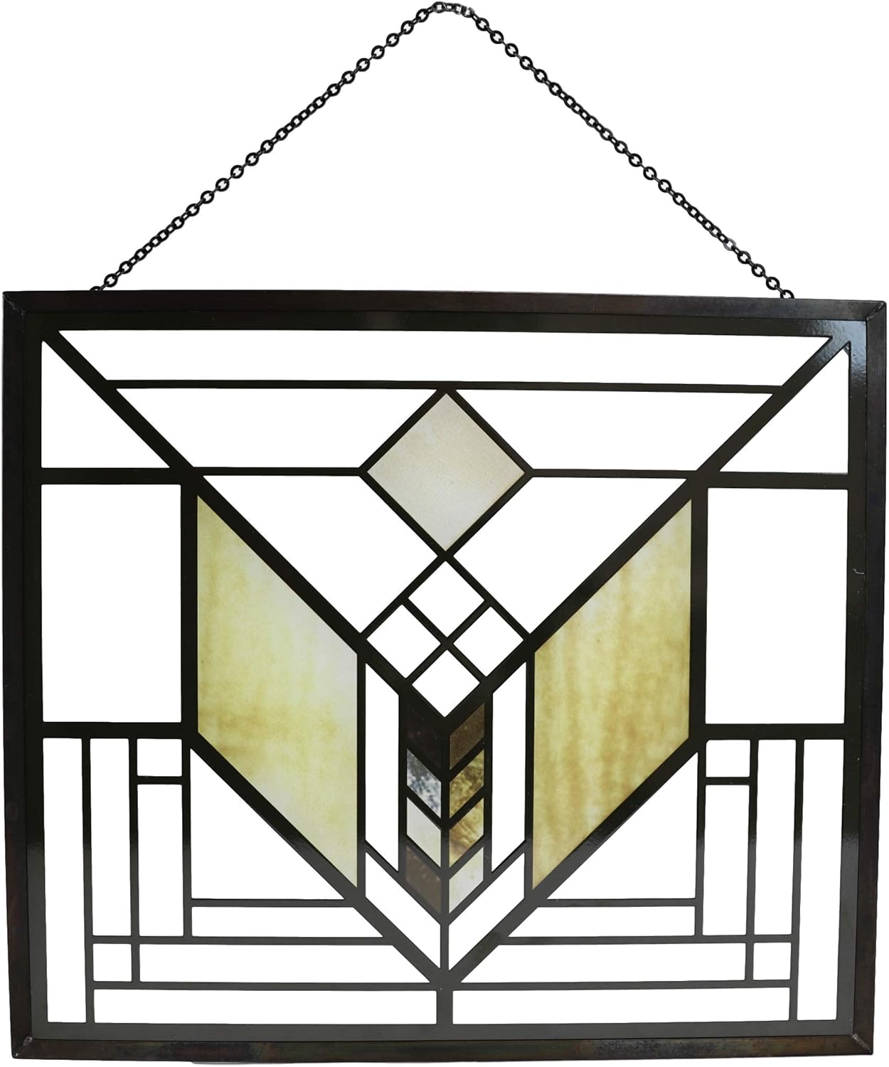 Ebros Frank Lloyd Wright Lake Geneva Tulip Window Scene Stained Glass Art Panel Wall Hanging Decor Or Desktop Plaque with Wooden Base Stand 10" Wide