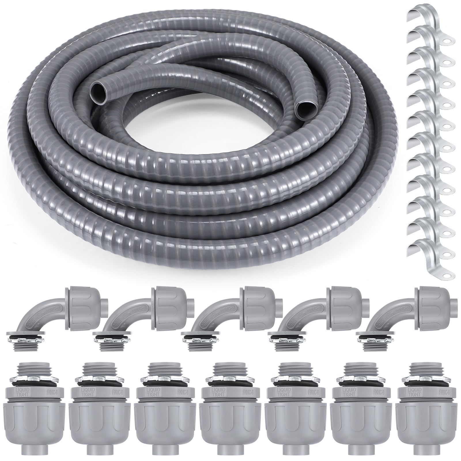 Hosuly 35 ft Electrical Liquid Tight Conduit and Connector Kit Flexible Non Metallic 1/2 Inch 35 ft Conduit 5 Angle and 7 Straight Fittings Conduit Straps