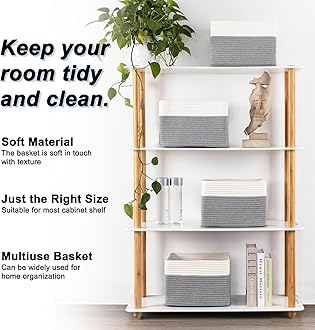 SIXDOVE 4 Pack Shelf Baskets for Organizing Home - Perfect for Toys, Books, and Clothes, Versatile Woven Storage Baskets with Handles, Durable Cube Storage Bins, 13''L x9''W x7.8''H, Grey and White