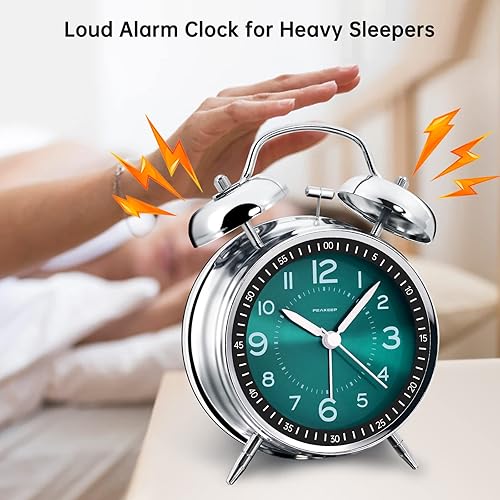 Miniatura 2 de Peakeep Reloj despertador ruidoso para adultos que duermen pesados, de metal, de 4 pulgadas, doble campana, funciona con pilas, para decoración de