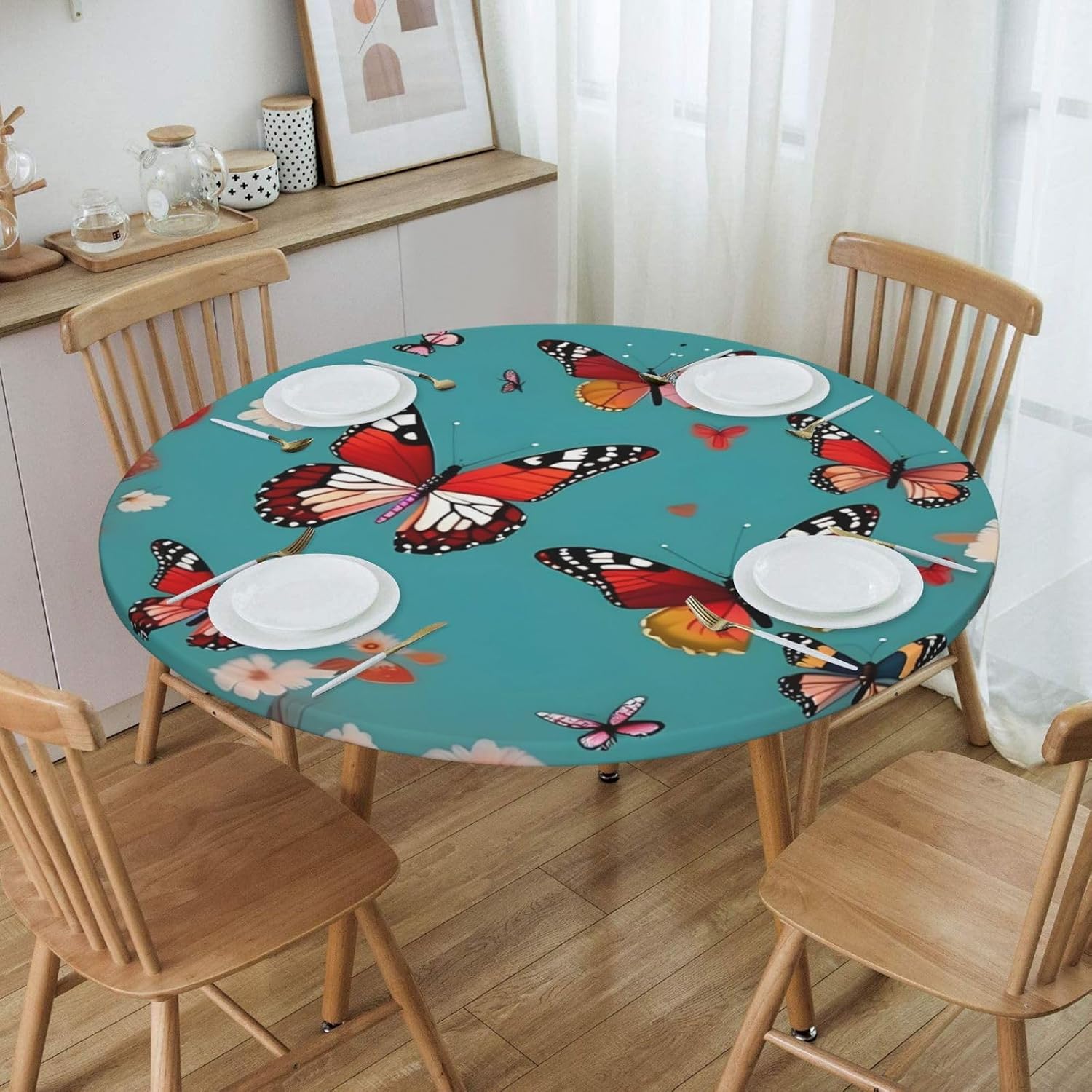 Hen Flying Butterflies Among Flowers Print Outdoor Patio Kitchen Decor Supplies Wipeable Round Table Cloth for Indoor Outdoor
