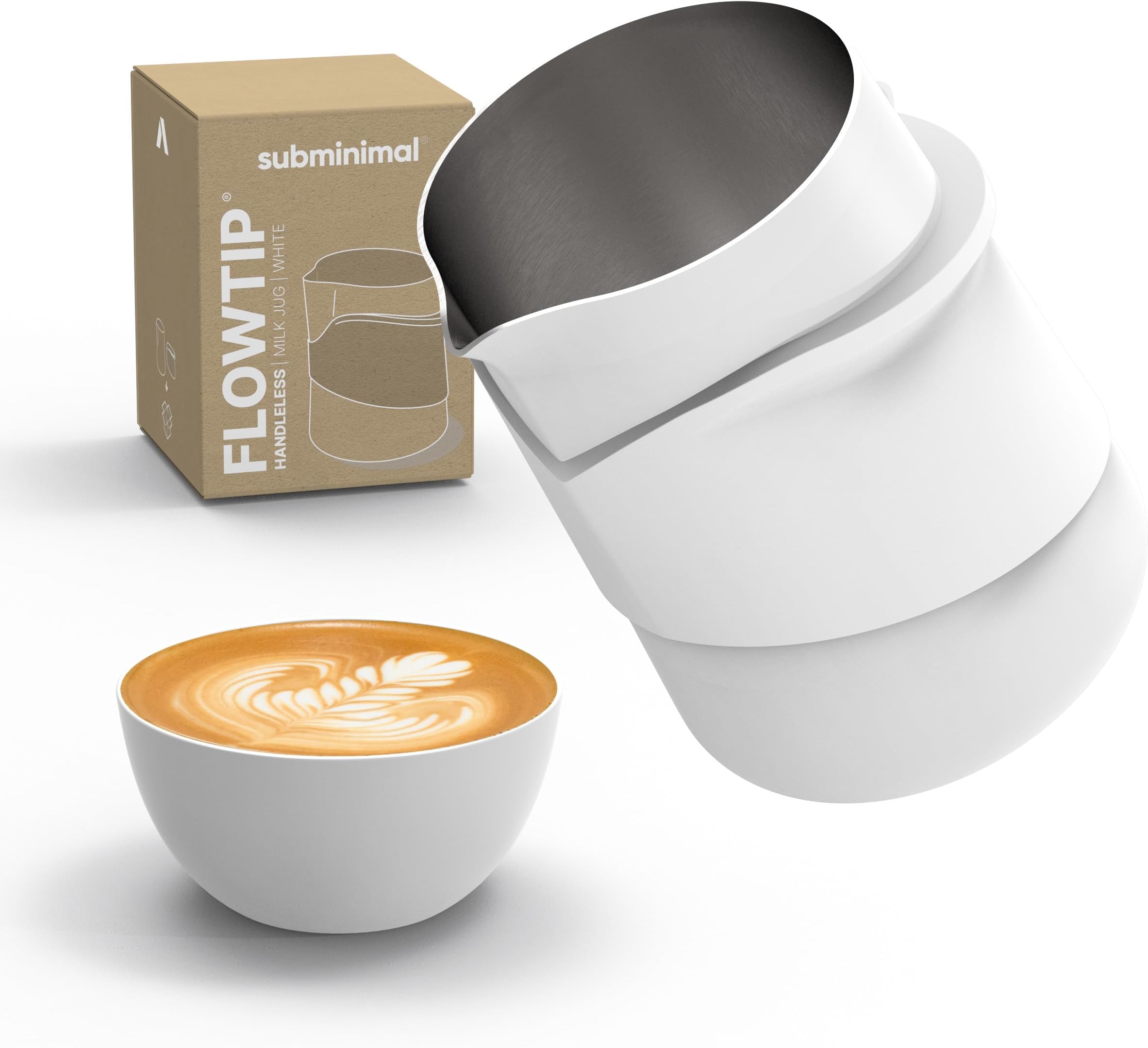 – FlowTip Handless Jug - Stovetop Milk Frothing, Foaming Pitcher for Barista-Style Coffee - Cappuccino & Latte Art Pouring Jug with Heat Resistant Handle - 450ml, White