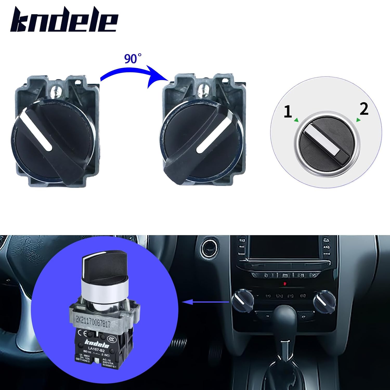 10Amp 22mm 2 Position Rotary Selector Switch 10A 660VAC SPDT 1NO 1NC Latching, IP65 Waterproof, 7/8" Panel Mount Industrial Switch