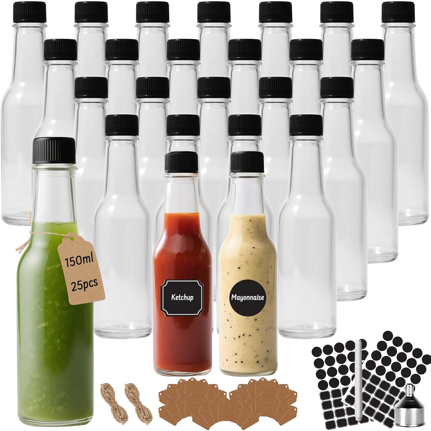 5 oz Hot Sauce Glass Bottles with Leak Proof Cap,Orifice Reducer Dripper Insert, 150 ml Clear Oil Bottle for Kitchen, Home Brewing Wine & Juicing Bottles. (Pack of 25)
