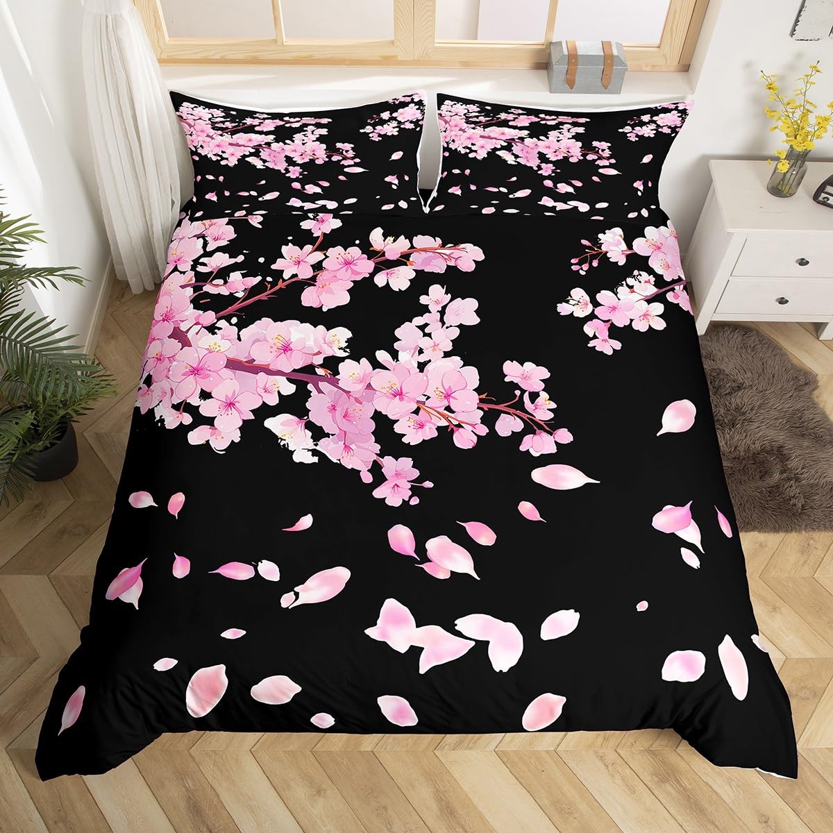 Housse de couette Sakura rose avec 2 taies d'oreiller lit fille
