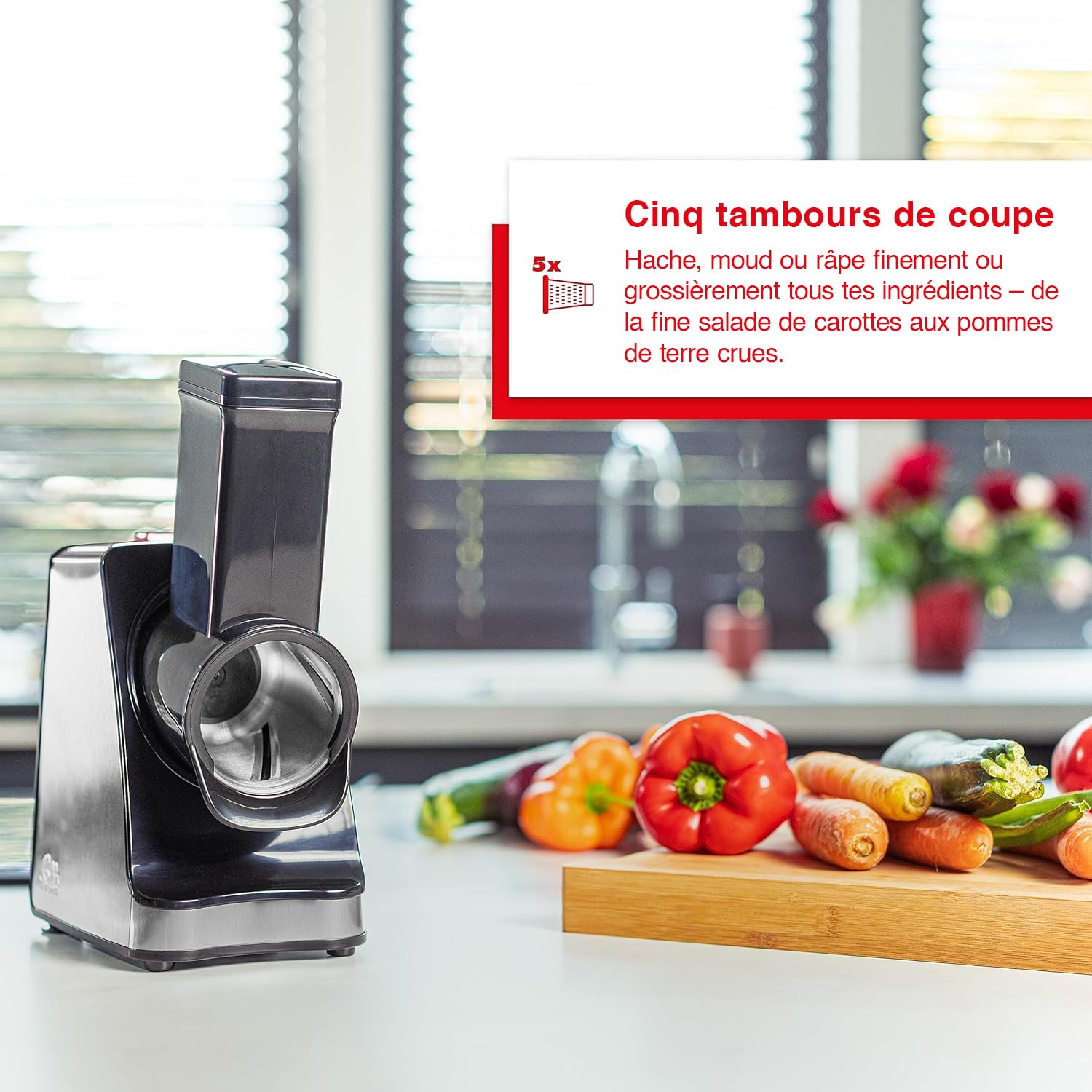 Solis Slice & More 8401 Coupe-légumes Électrique, Polyvalent, Trancheuse en Spirale, Râpe à Légumes avec 5 Tambours de Coupe, en Acier Inoxydable/Plastique, 350 W, Argenté/Noir