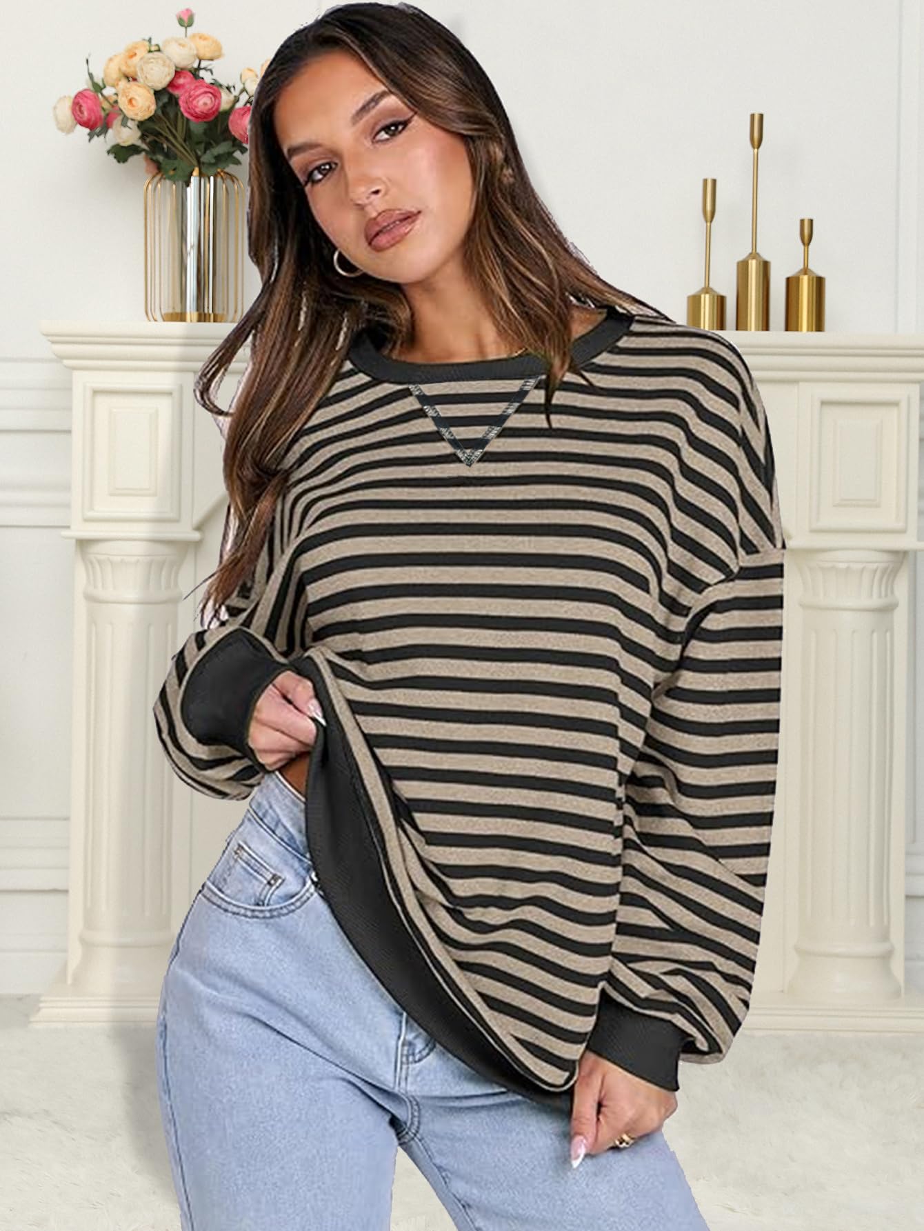 Sudadera a rayas de gran tamaño para mujer, manga larga, cuello redondo, moda de otoño 2026, ropa Y2K — view 5