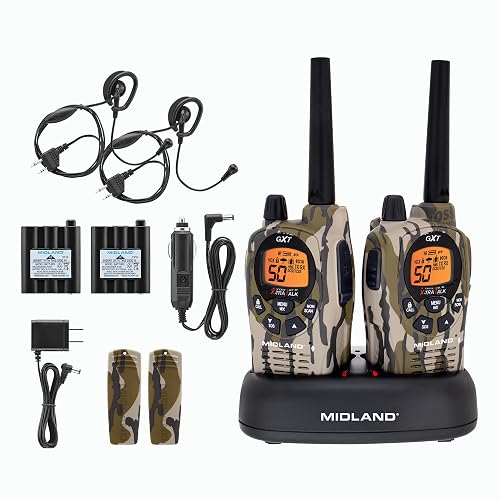 Midland GXT1050VP4 GMRS JIS4 Two-Way Radio, Camo, 2 Pack | 50-Channel, Long Range, 142 Privacy Codes, SOS, NOAA, Rechargeable Nickel Battery