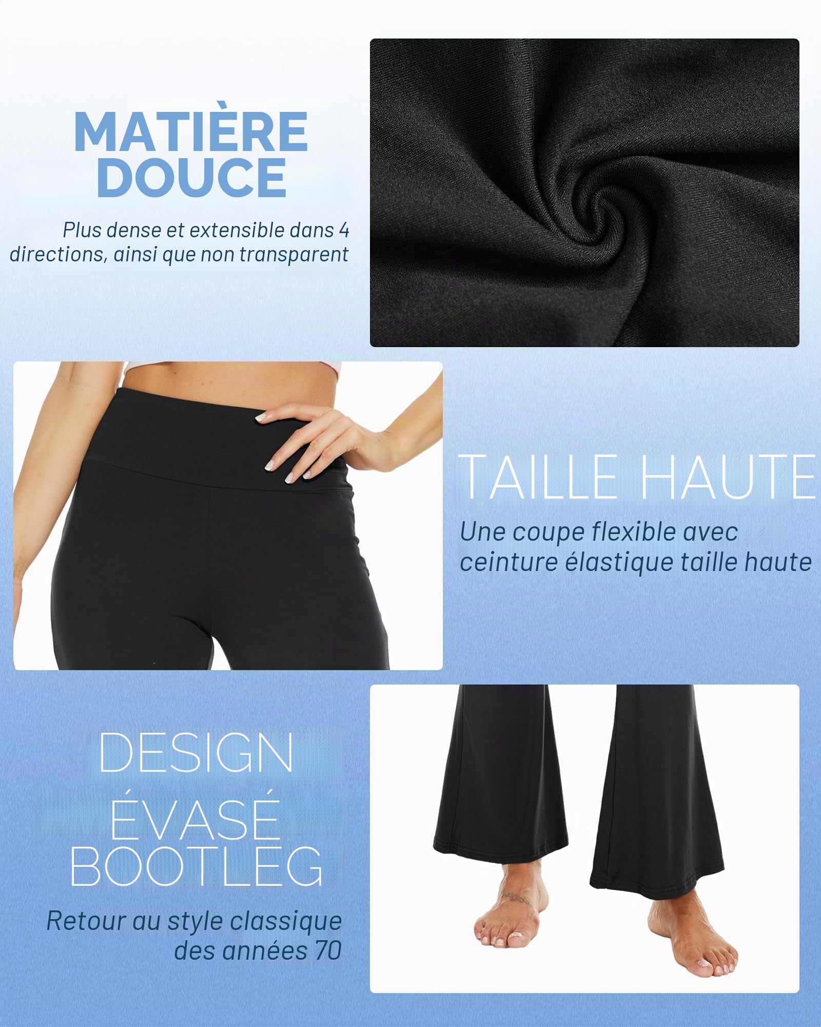 Sundwudu Leggings de yoga à pattes d'éléphant, ajustés aux cuisses et aux genoux, taille haute, doux et élégants pour femme, noir