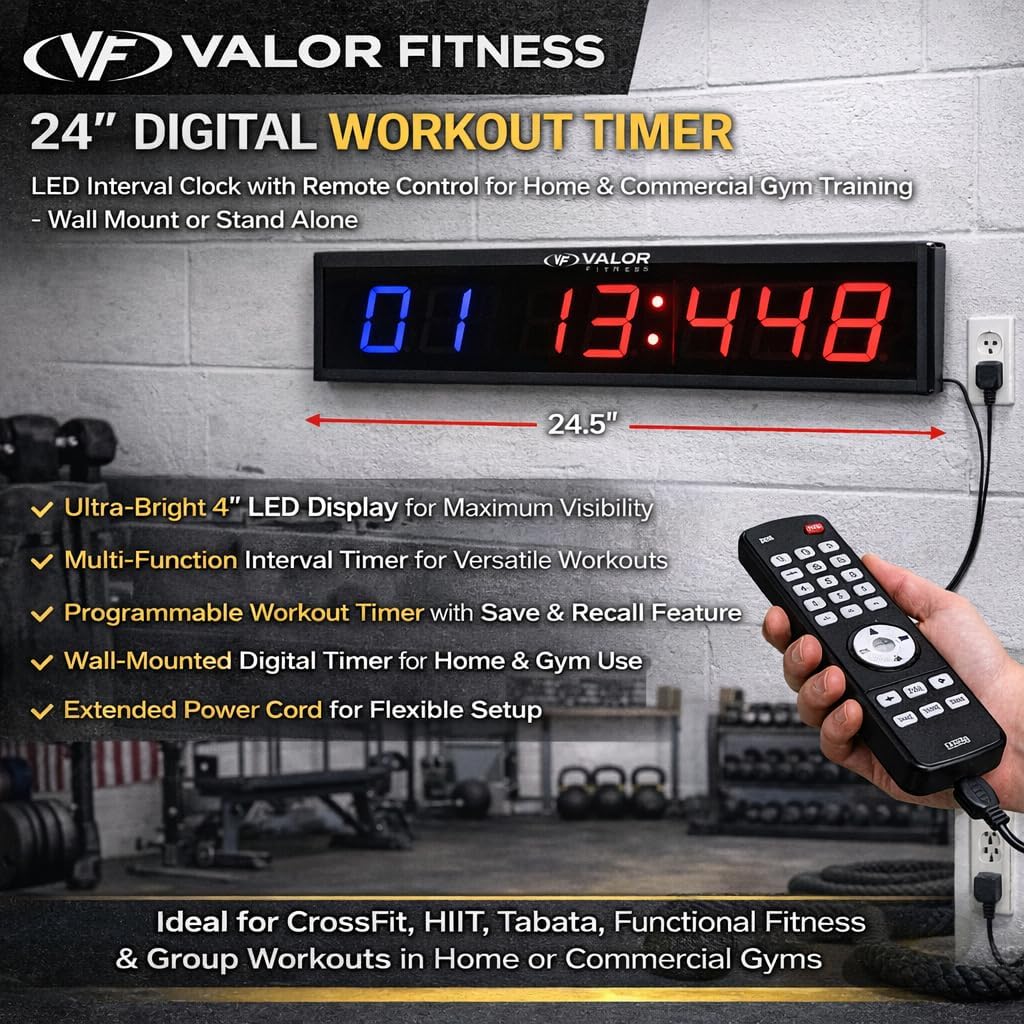 Valor Fitness 24" Digital Workout Timer – LED Interval Clock with Remote Control for Home & Commercial Gym Training - Wall Mount or Stand Alone
