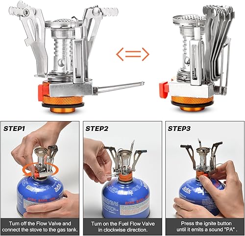 Miniatura 6 de Odoland Juego de 16 utensilios de cocina para acampar con estufa de campamento plegable, antiadherente, ligero, juego de ollas con tazas de acero