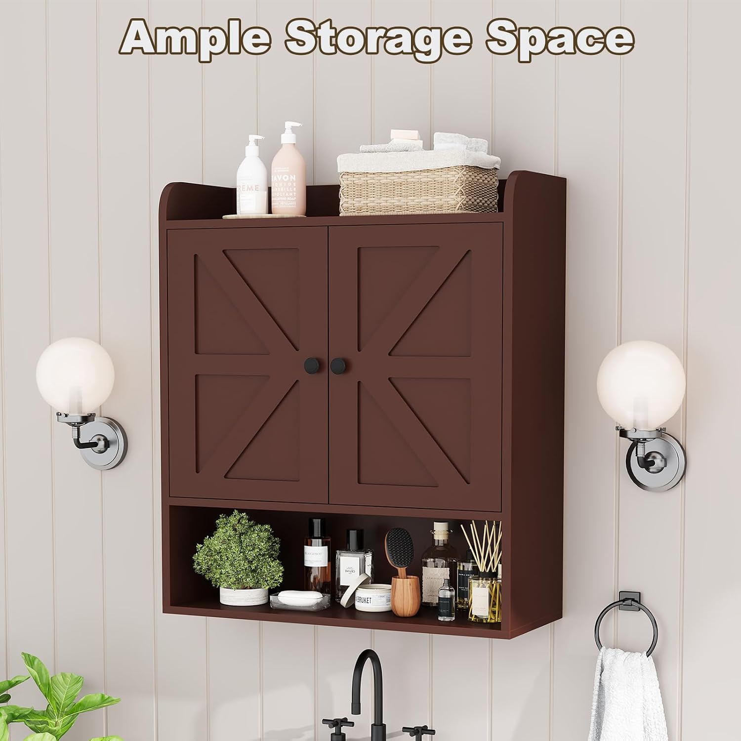 Bathroom Wall Storage Cabinet, Medicine Cabinet with 2 Door, Russet | Over The Toilet Wall-Mounted Storage Cabinet; Barn Doors & Adjustable Shelves, For Bathroom, Kitchen, Living Room