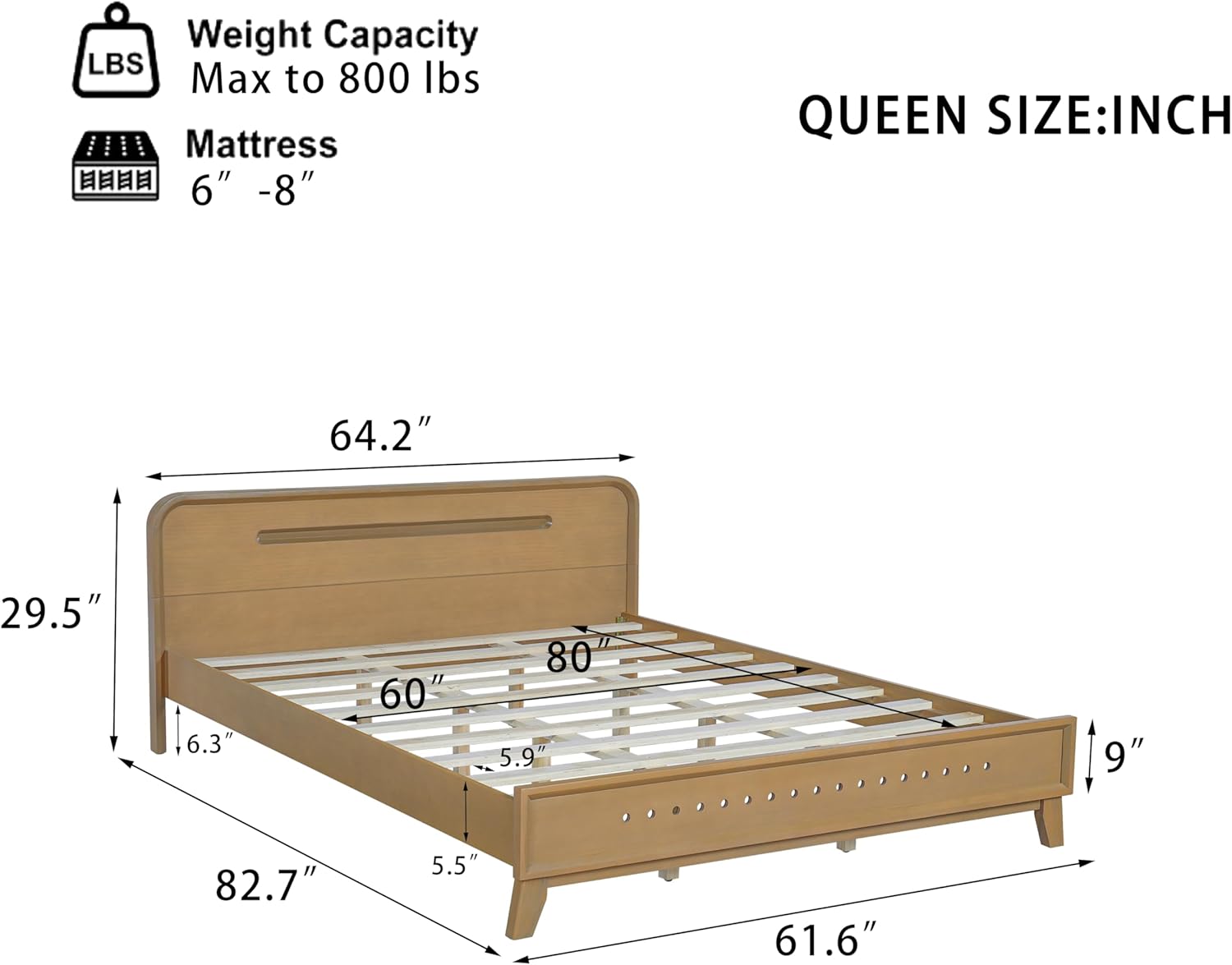 Queen Size Platform Bed with Headboard, Solid Wood Bed Frame with Slats Support, No Box Spring Needed, Yellow