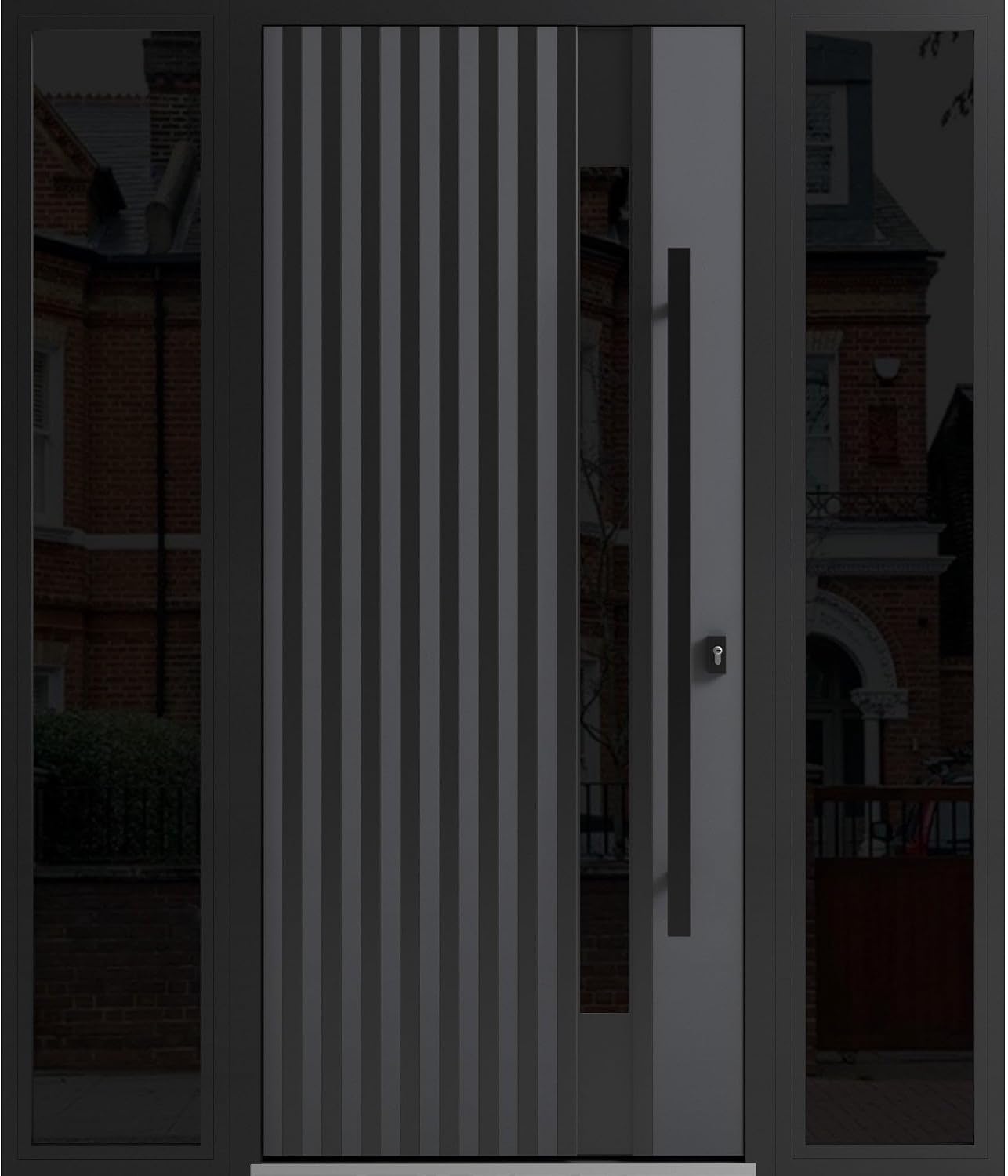 VDOMDOORS Front Exterior Prehung Steel Door/Ronex 0144 Grey / 2 Side Exterior Windows Sidelites/Entry Metal Modern Painted W16+36+16" x H80 Left Hand Inswing